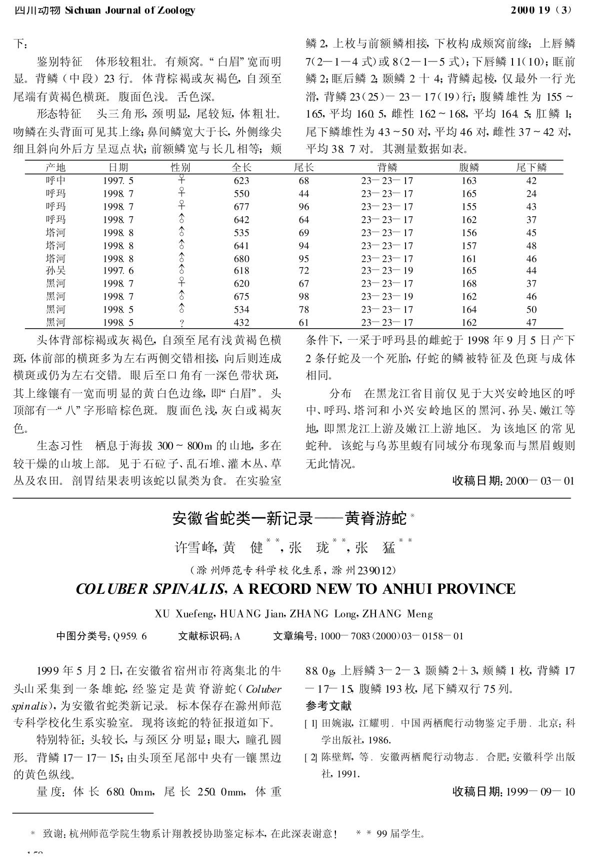 安徽省蛇类一新记录黄脊游蛇