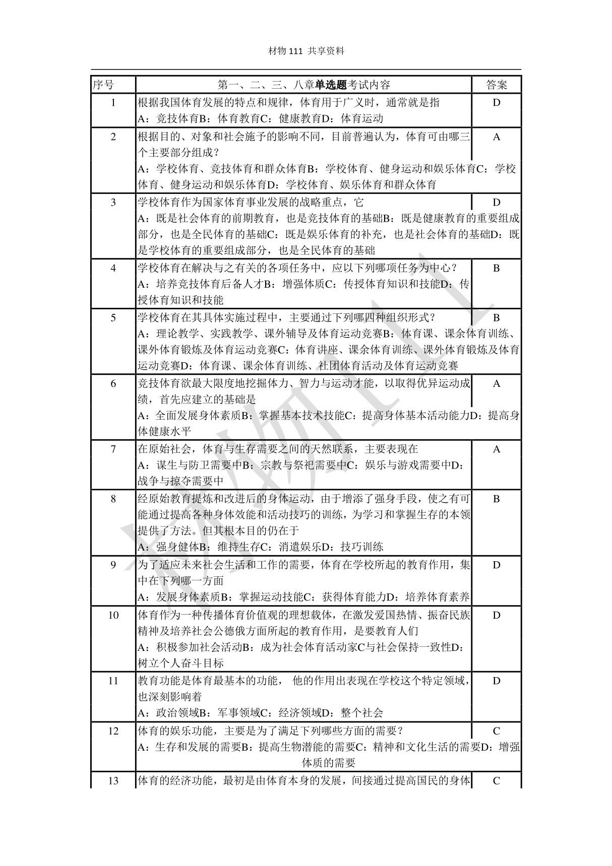 大一 体育理论课考试题库含答案