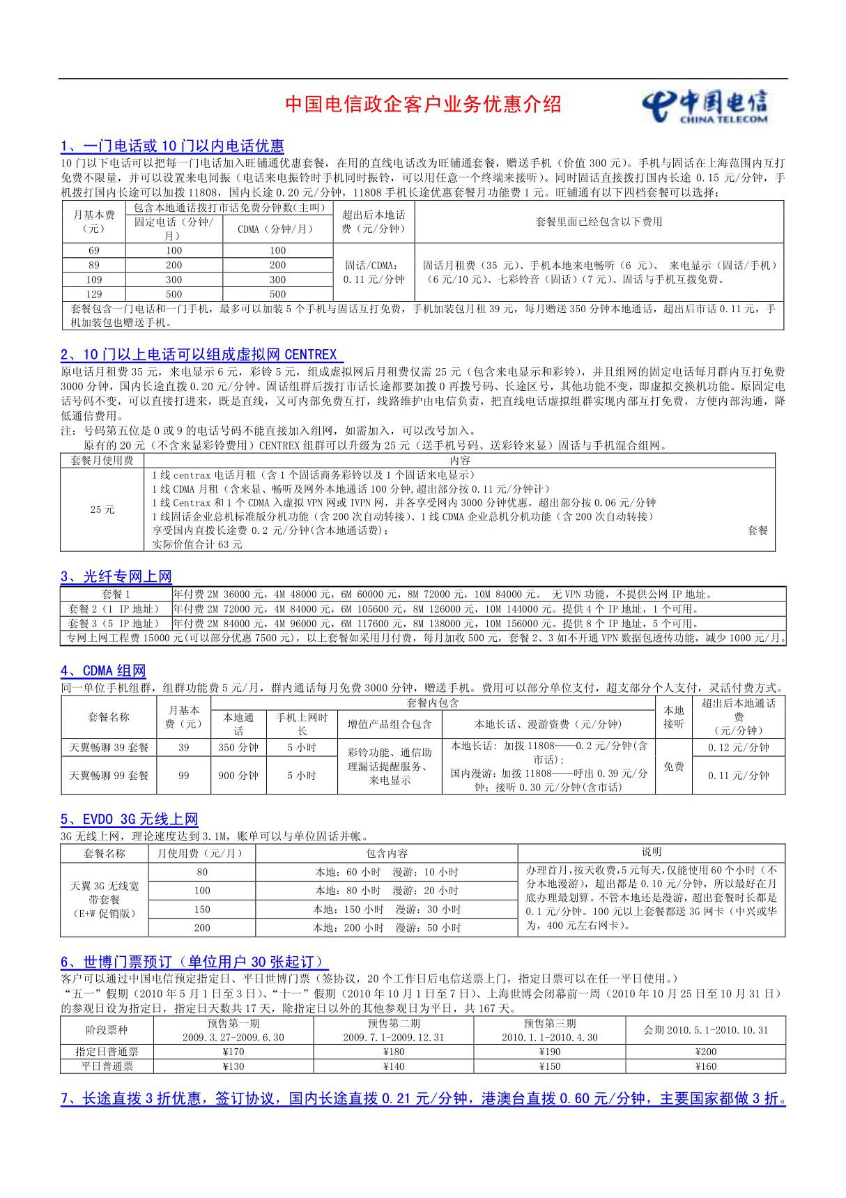 --中国电信上海公司政企客户业务大全电信业务一览表(简单)