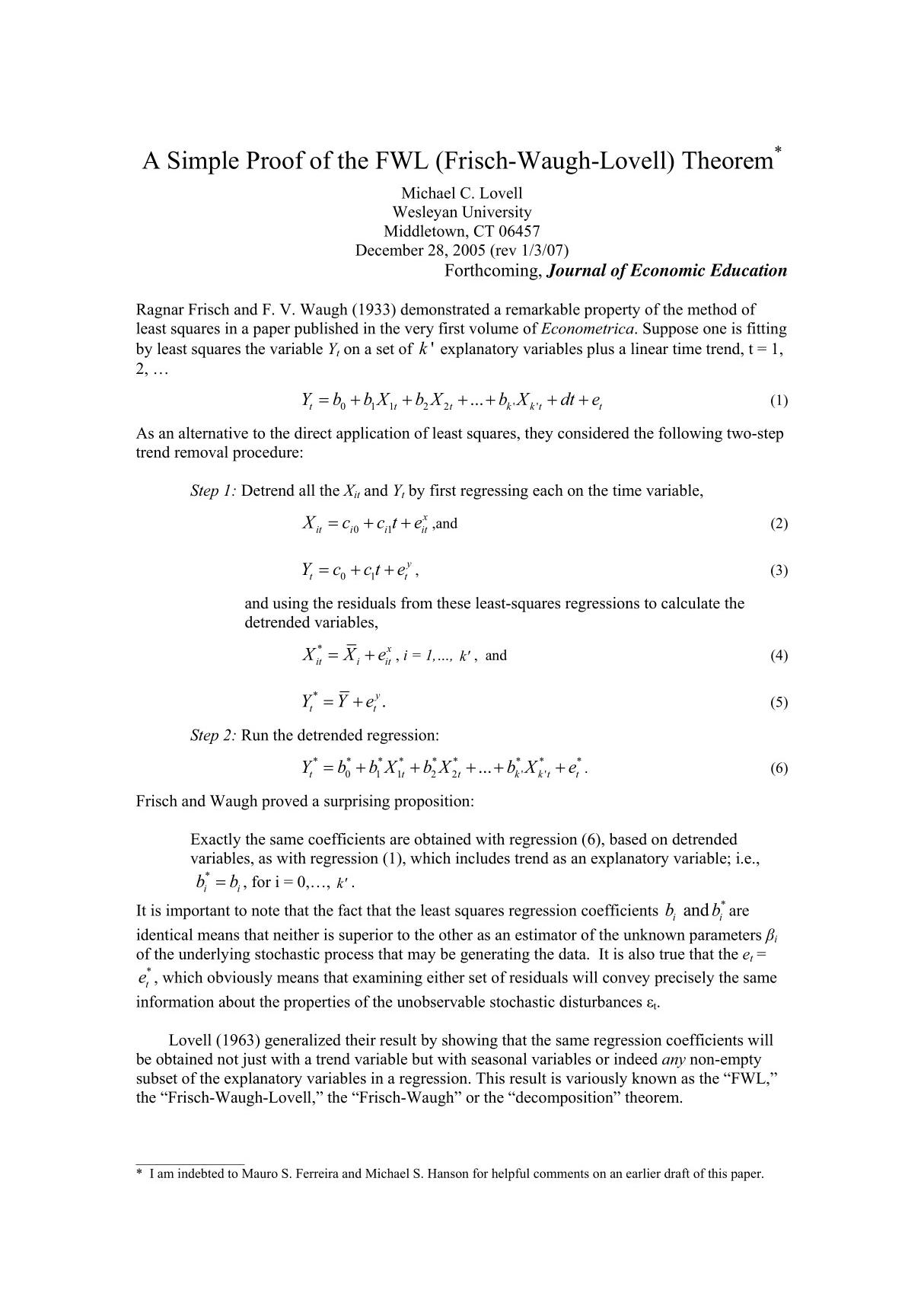 a simple proof of the fwl (frisch-waugh-lovell) theorem 一个简单的fwl(弗里斯沃洛弗尔)定理的证明