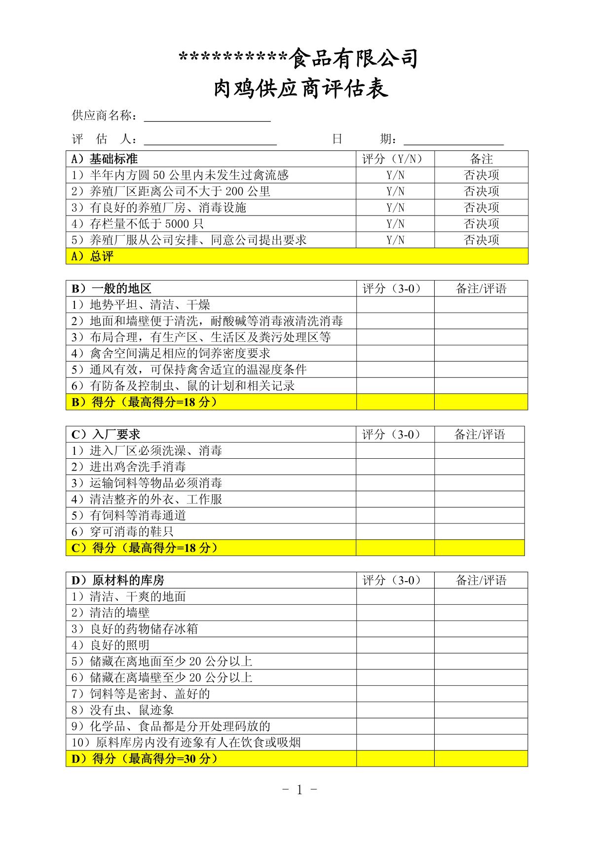 原料供应商评估表