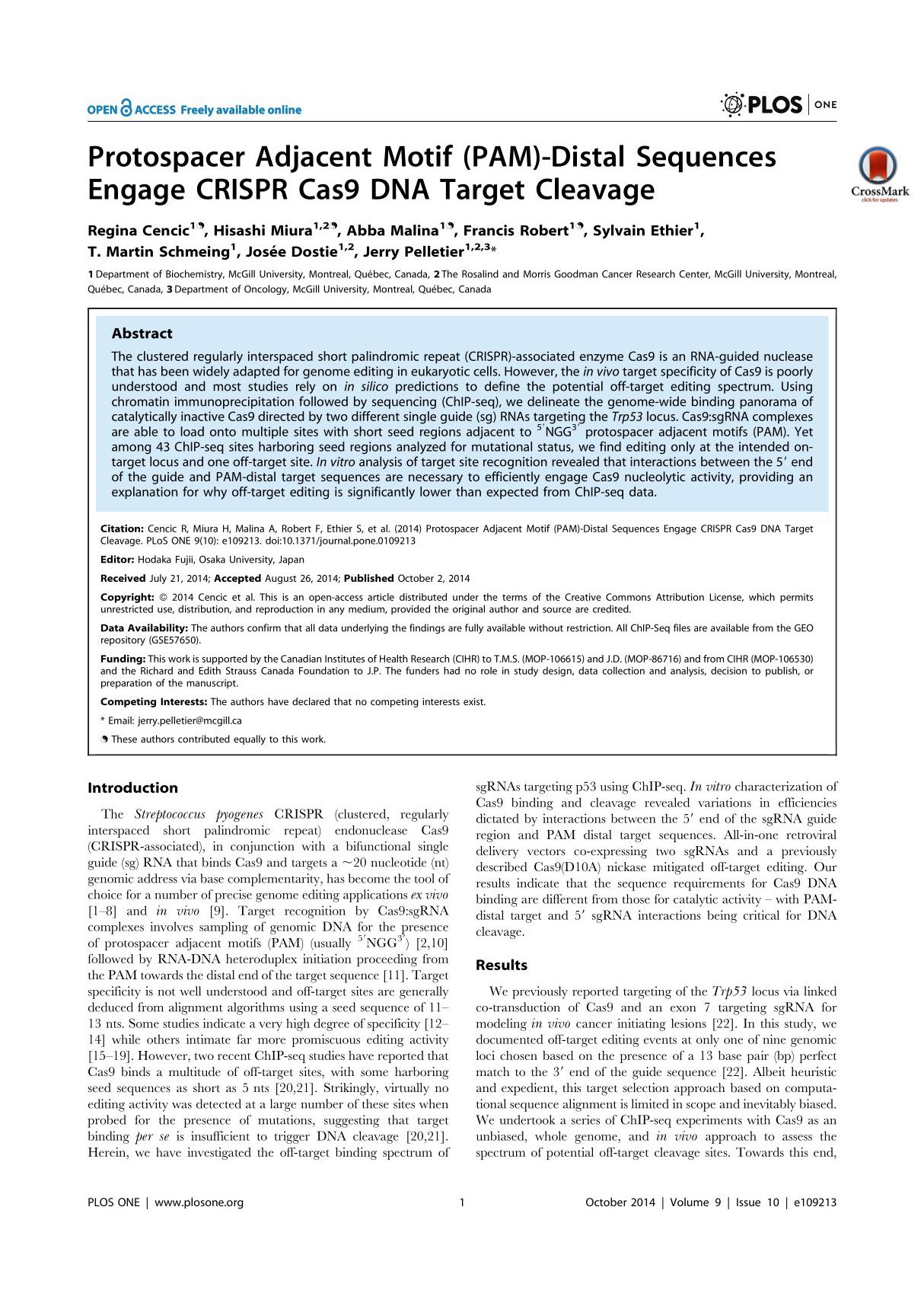 Protospacer Adjacent Motif (PAM)-Distal Sequences Engage CRISPR Cas9 DNA Target Cleavage