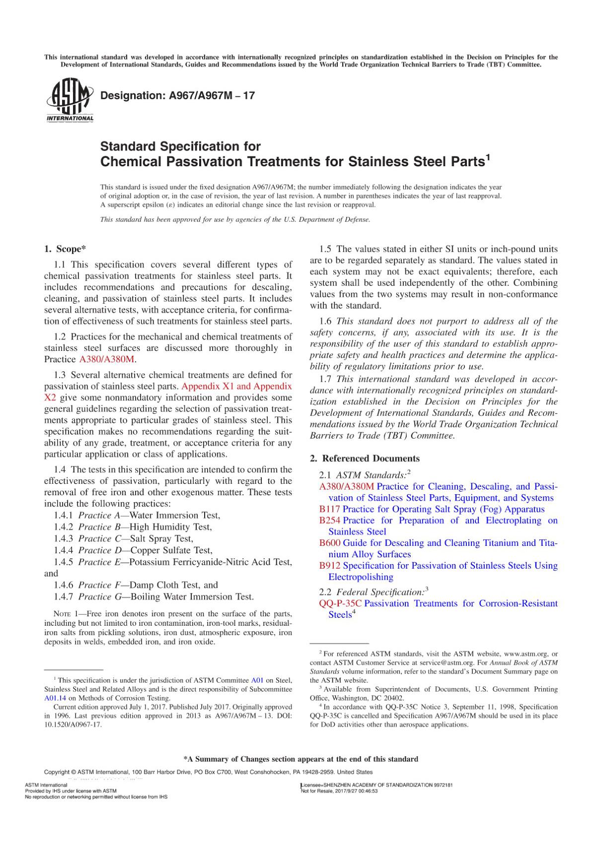 ASTM A967 A967M-2017 不锈钢零件化学钝化处理的标准规范