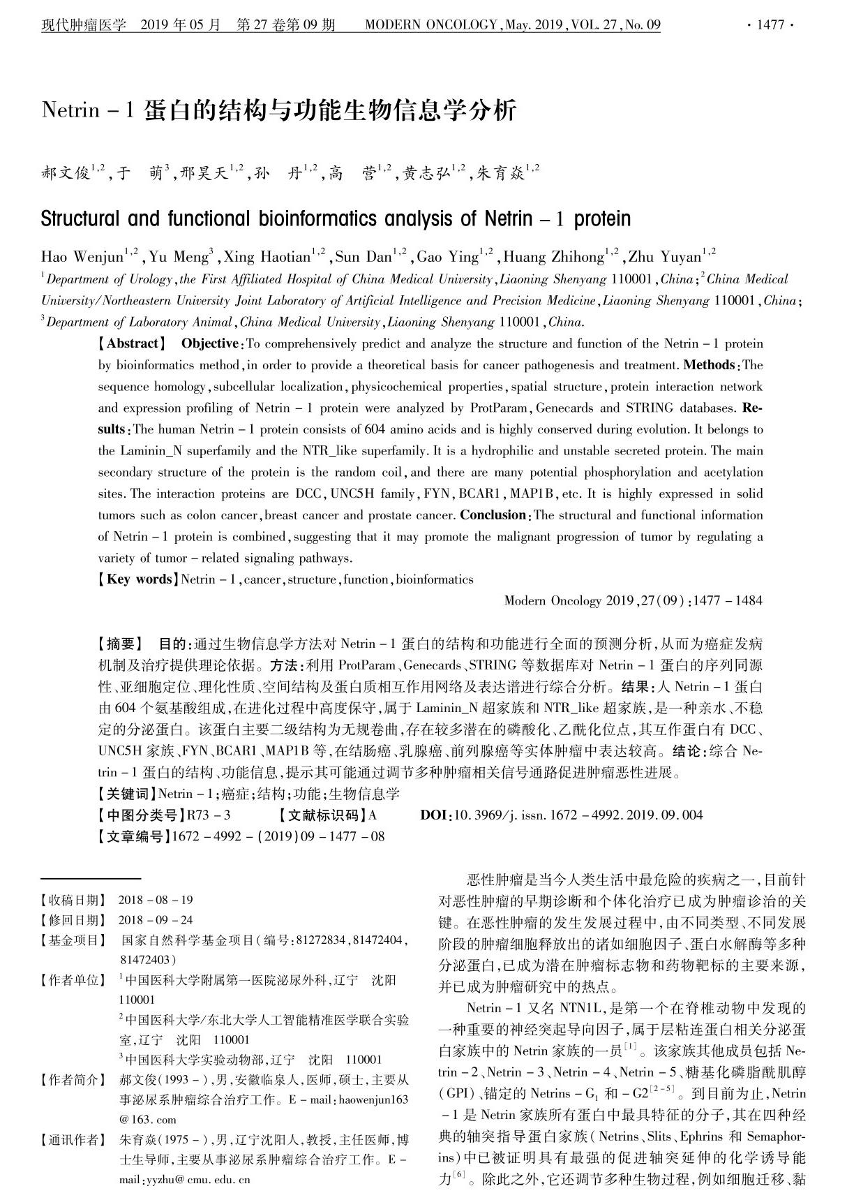 Netrin-1蛋白的结构与功能生物信息学分析