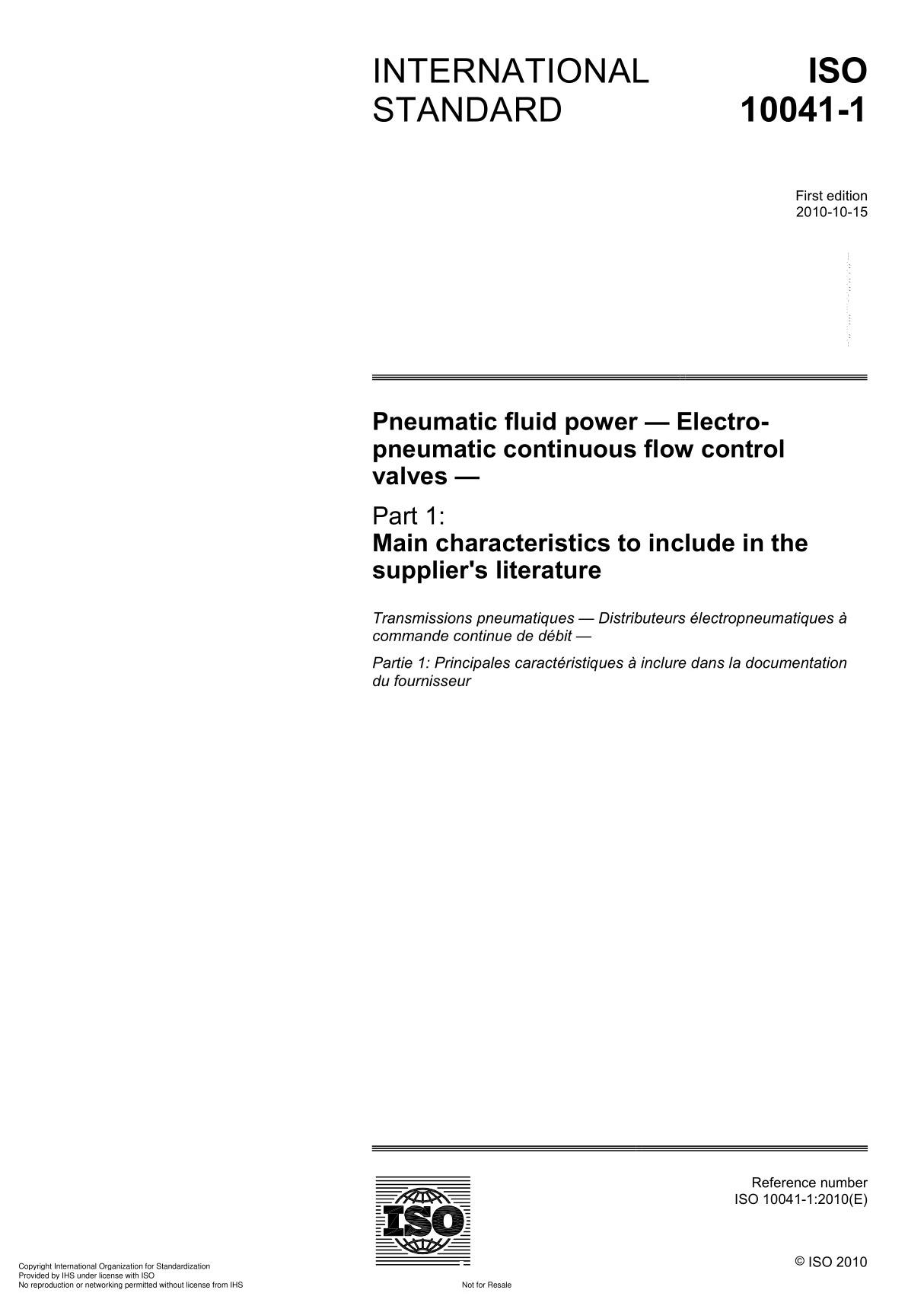 ISO 10041-1 Pneumatic fluid power  Electropneumatic continuous flow control valve