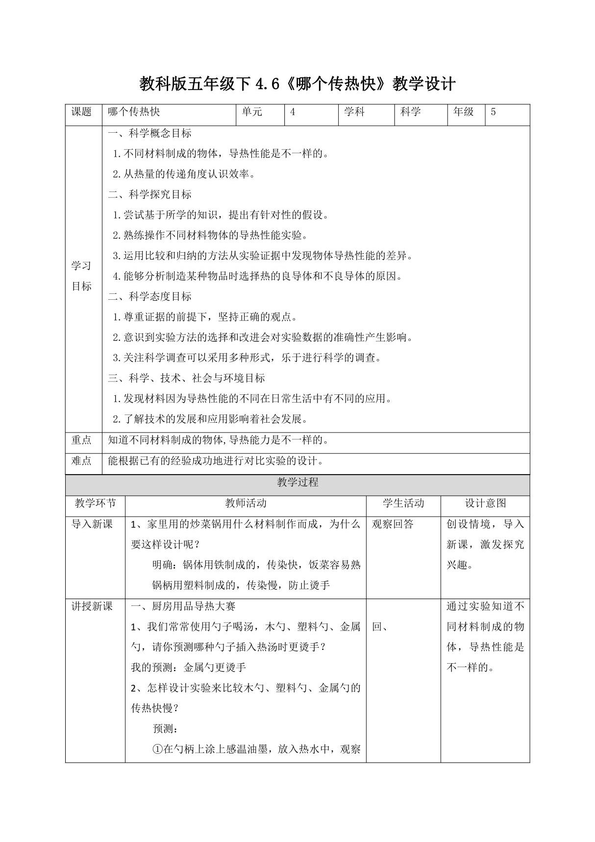 4-6《哪个传热快》(教学设计) 五年级科学下册教科版