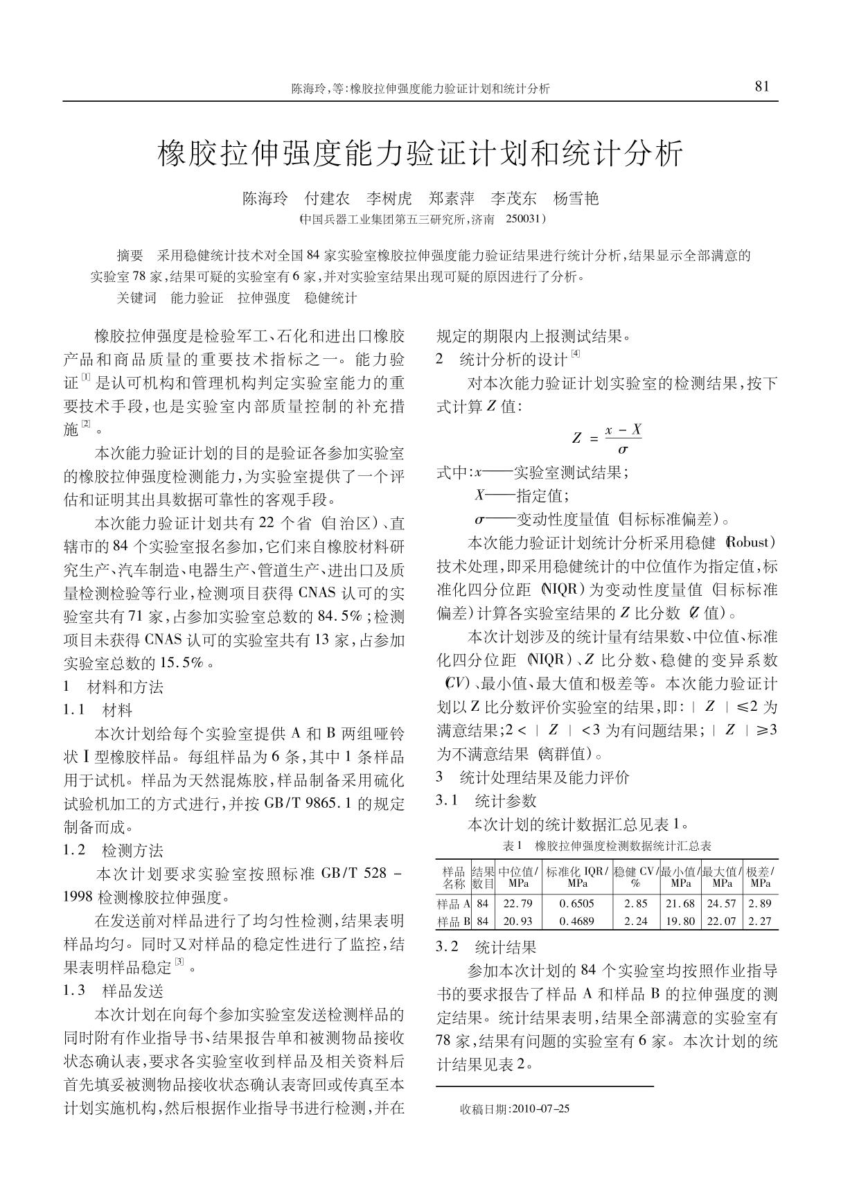 统计分析论文 橡胶拉伸强度能力验证计划