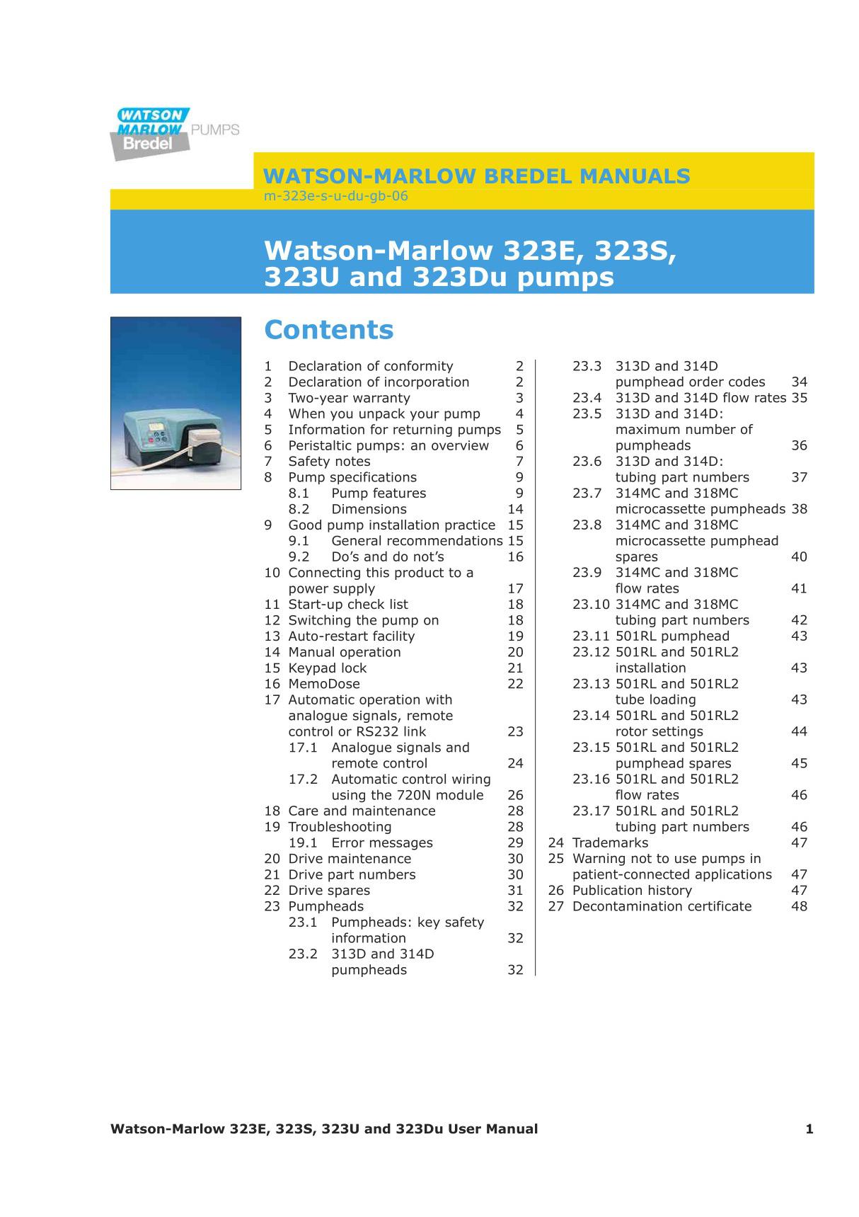 Watson-Marlow 323E, 323S蠕动泵的说明书 pdf