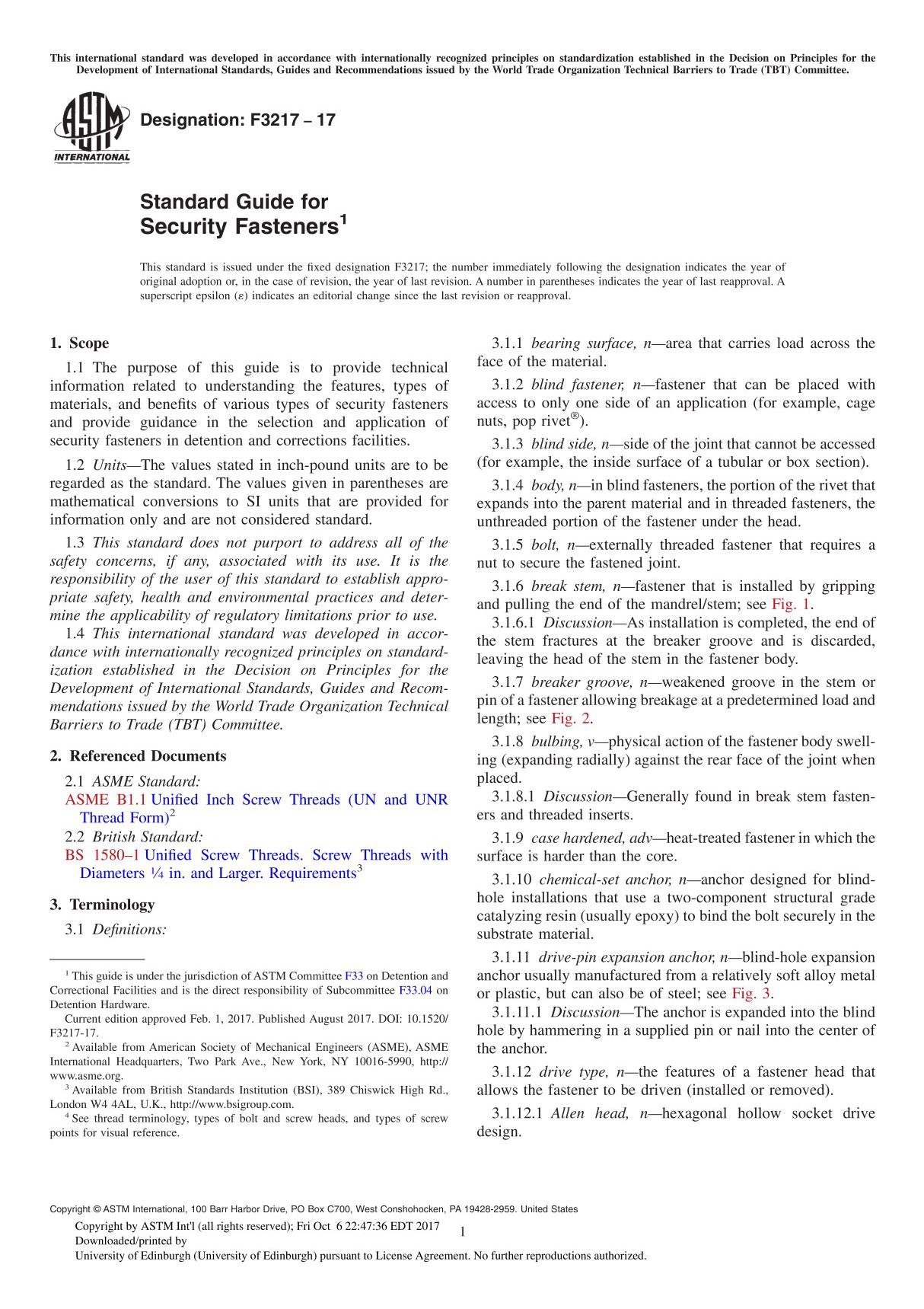 ASTM F3217-17 Standard Guide for Security Fastener