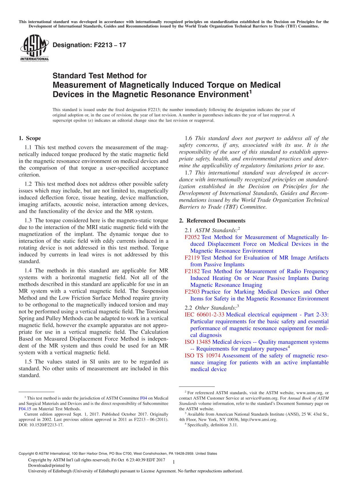 ASTM F2213-17 Standard Test Method for Measurement of Magnetically Induced Torque on Medical Devices in the Magnetic Resonance E