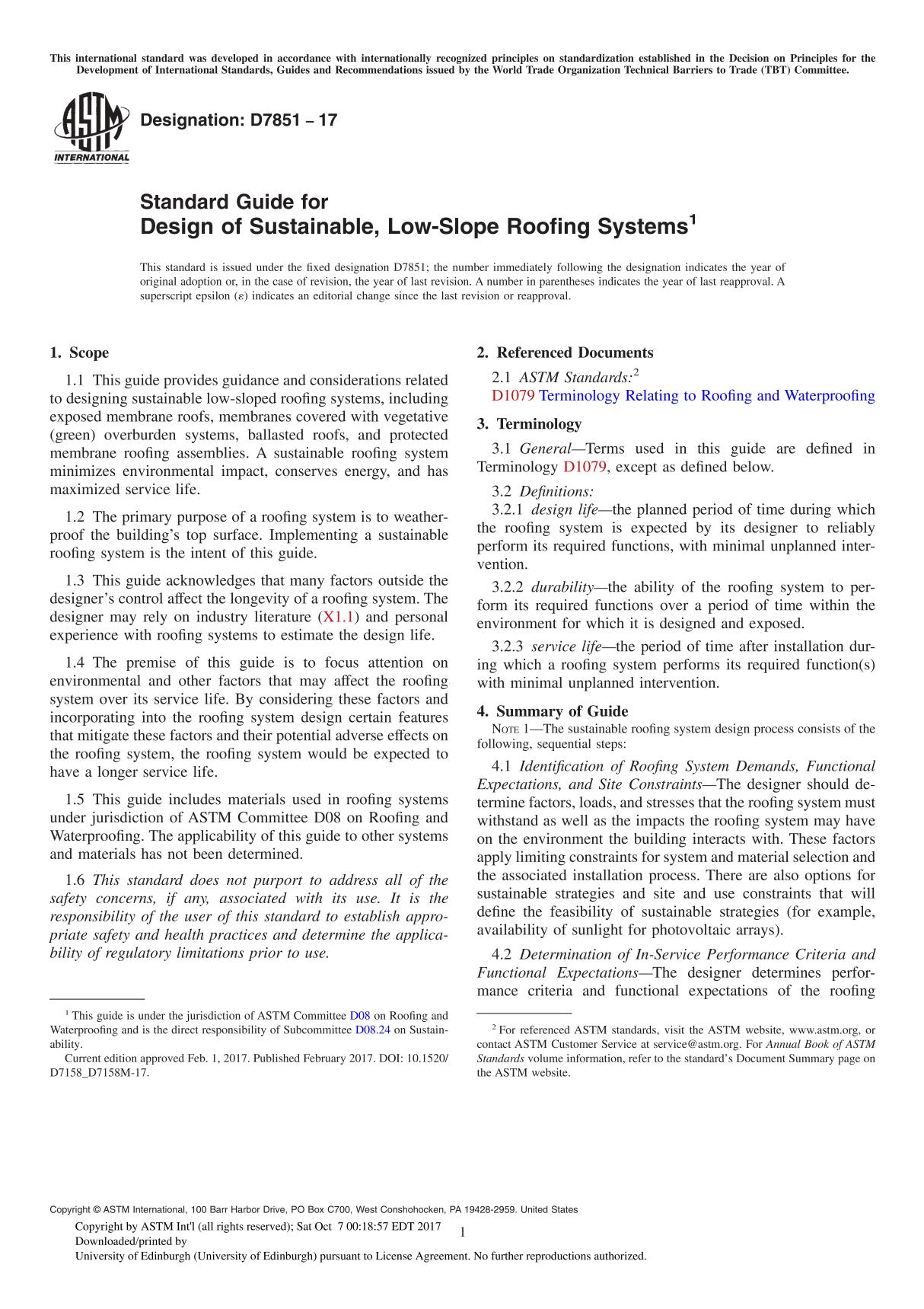 ASTM D7851-17 Standard Guide for Design of Sustainable, Low-Slope Roofing System