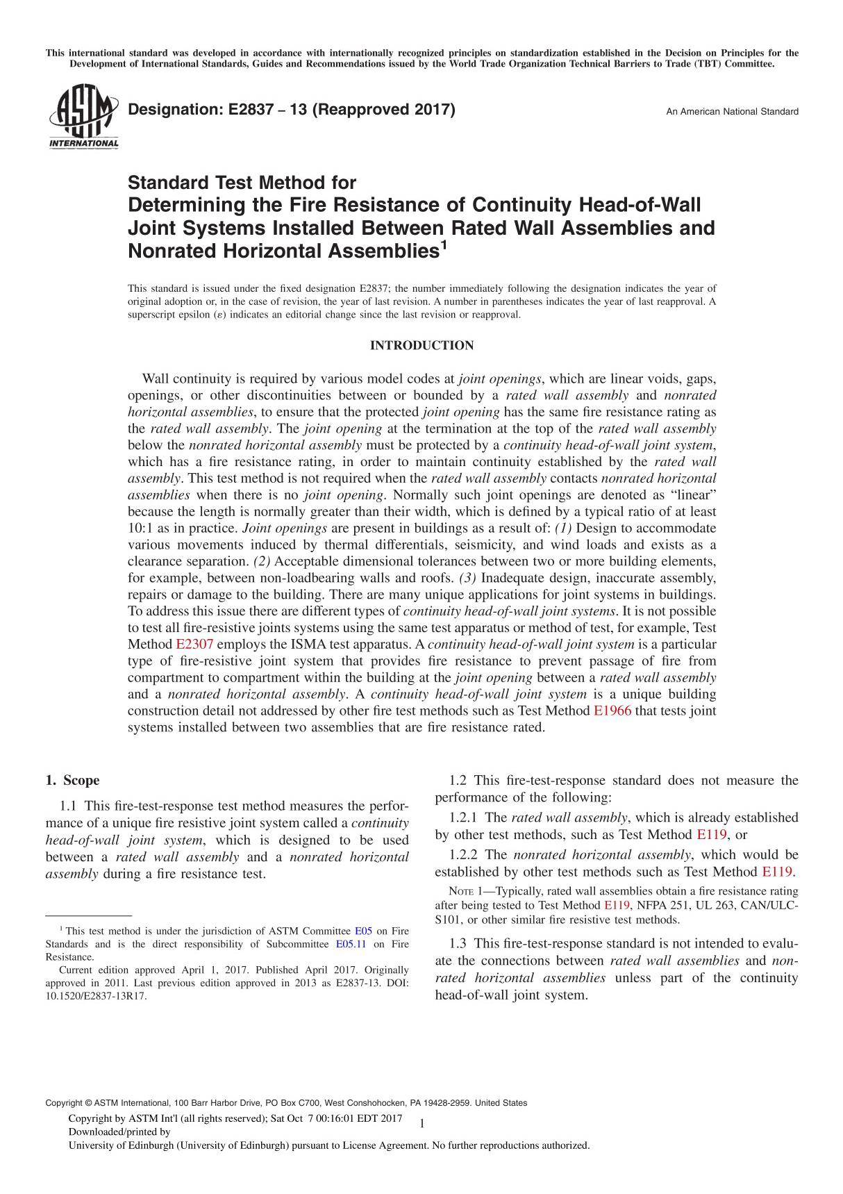 ASTM E2837-13(2017) Standard Test Method for Determining the Fire Resistance of Continuity Head-of-Wall Joint Systems Installed