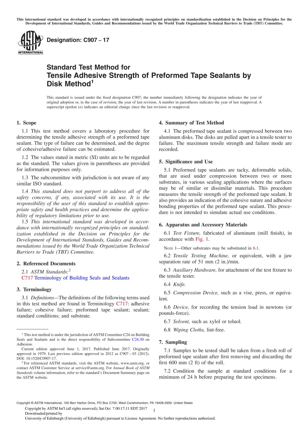 ASTM C907-17 Standard Test Method for Tensile Adhesive Strength of Preformed Tape Sealants by Disk Method