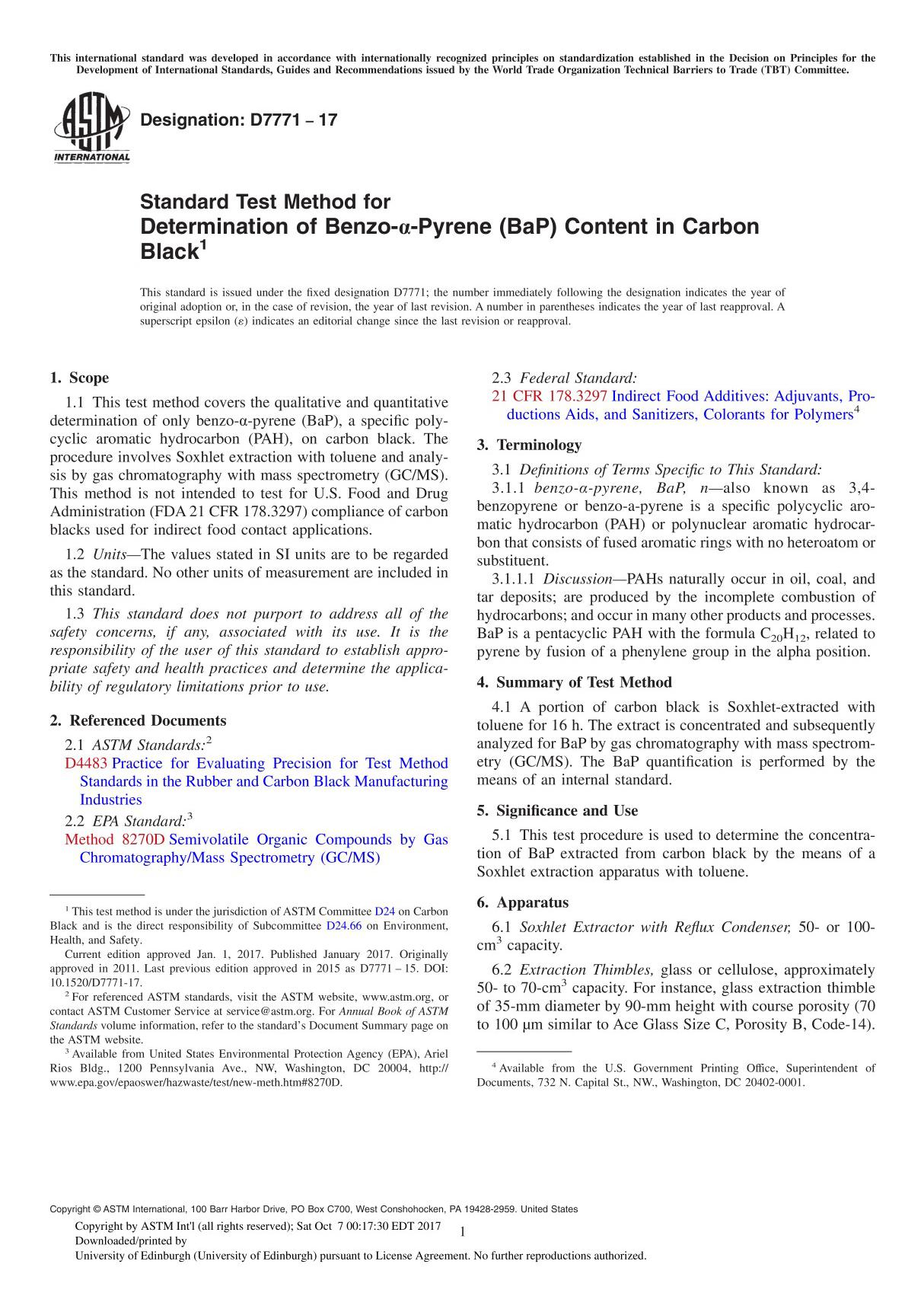 ASTM D7771-17 Standard Test Method for Determination of Benzo-α-Pyrene (BaP) Content in Carbon Black