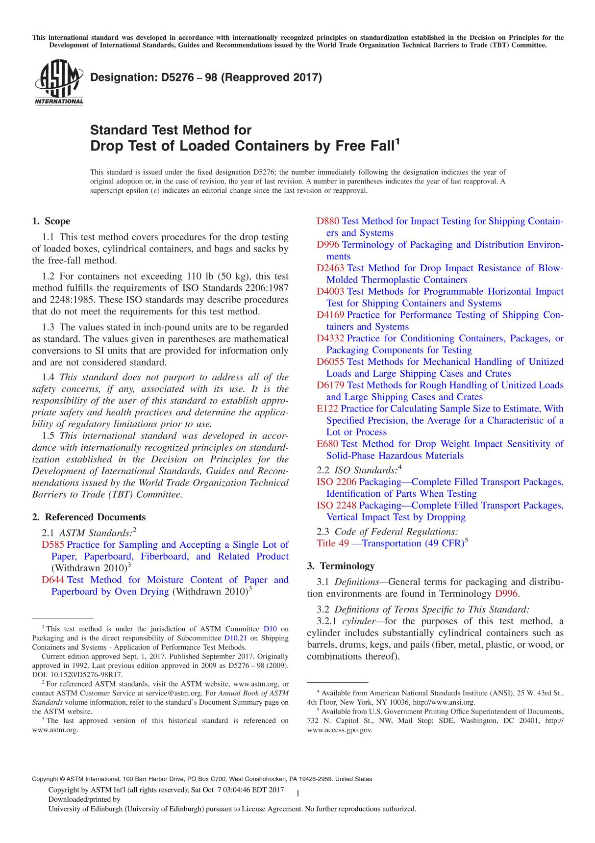 ASTM D5276-98(2017) Standard Test Method for Drop Test of Loaded Containers by Free Fall