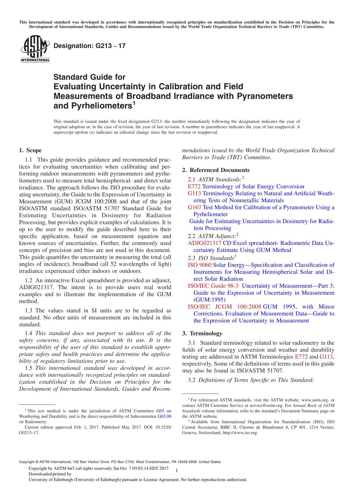 ASTM G213-17 Standard Guide for Evaluating Uncertainty in Calibration and Field Measurements of Broadband Irradiance with Pyrano