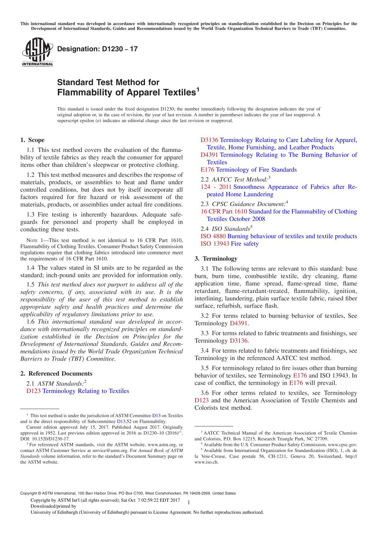 ASTM D1230-17 Standard Test Method for Flammability of Apparel Textile