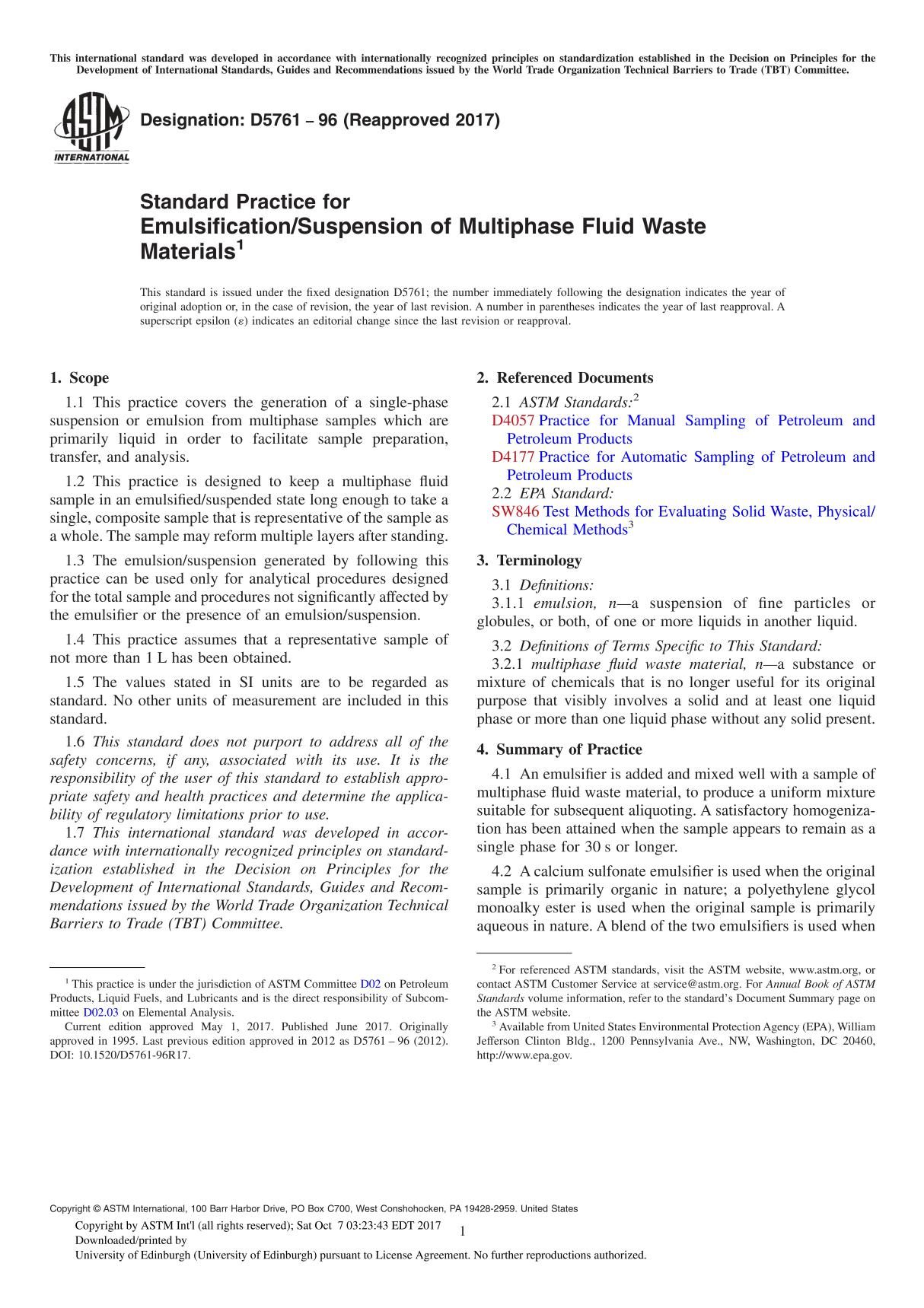 ASTM D5761-96(2017) Standard Practice for EmulsificationSuspension of Multiphase Fluid Waste Material