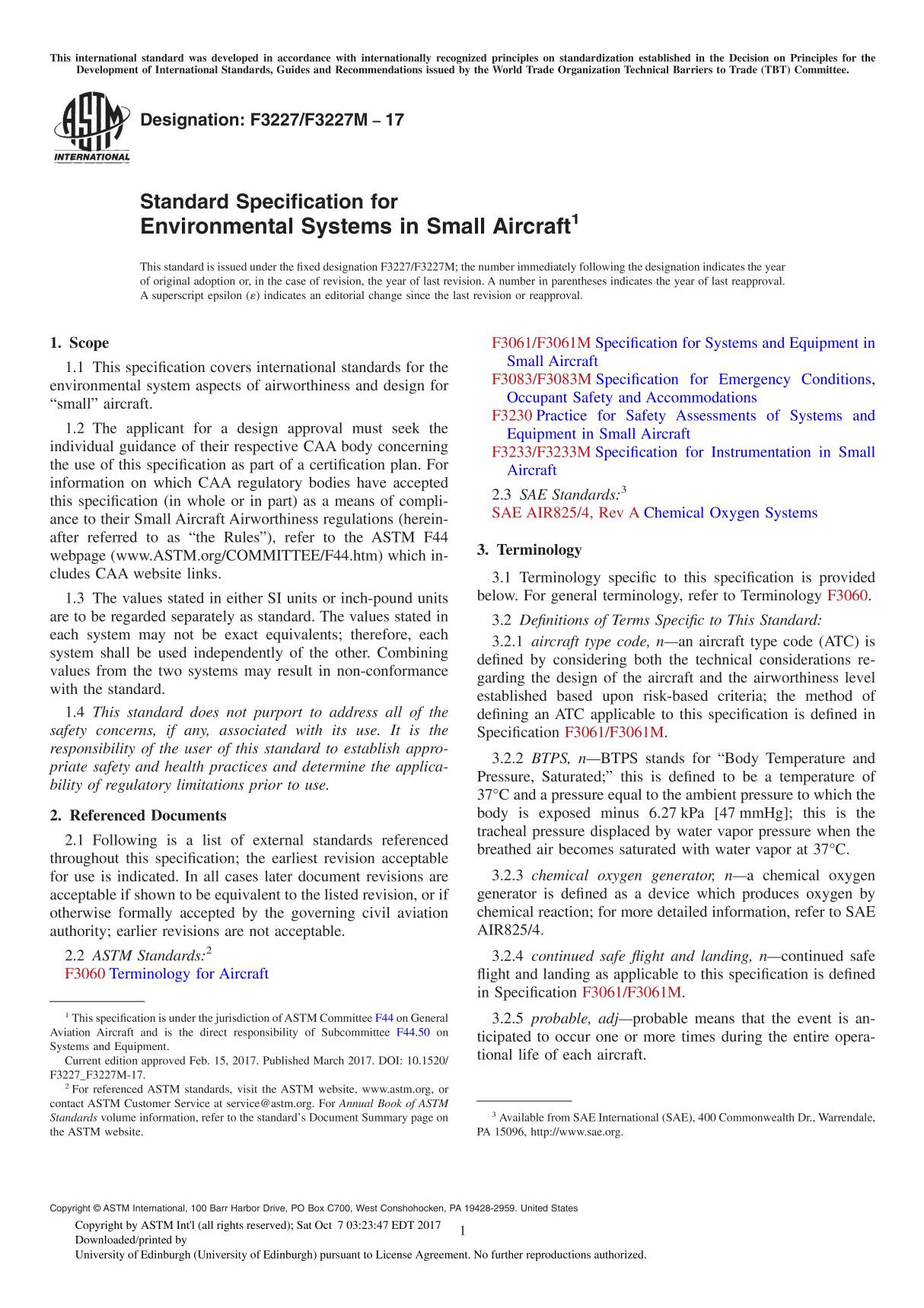 ASTM F3227F3227M-17 Standard Specification for Environmental Systems in Small Aircraft