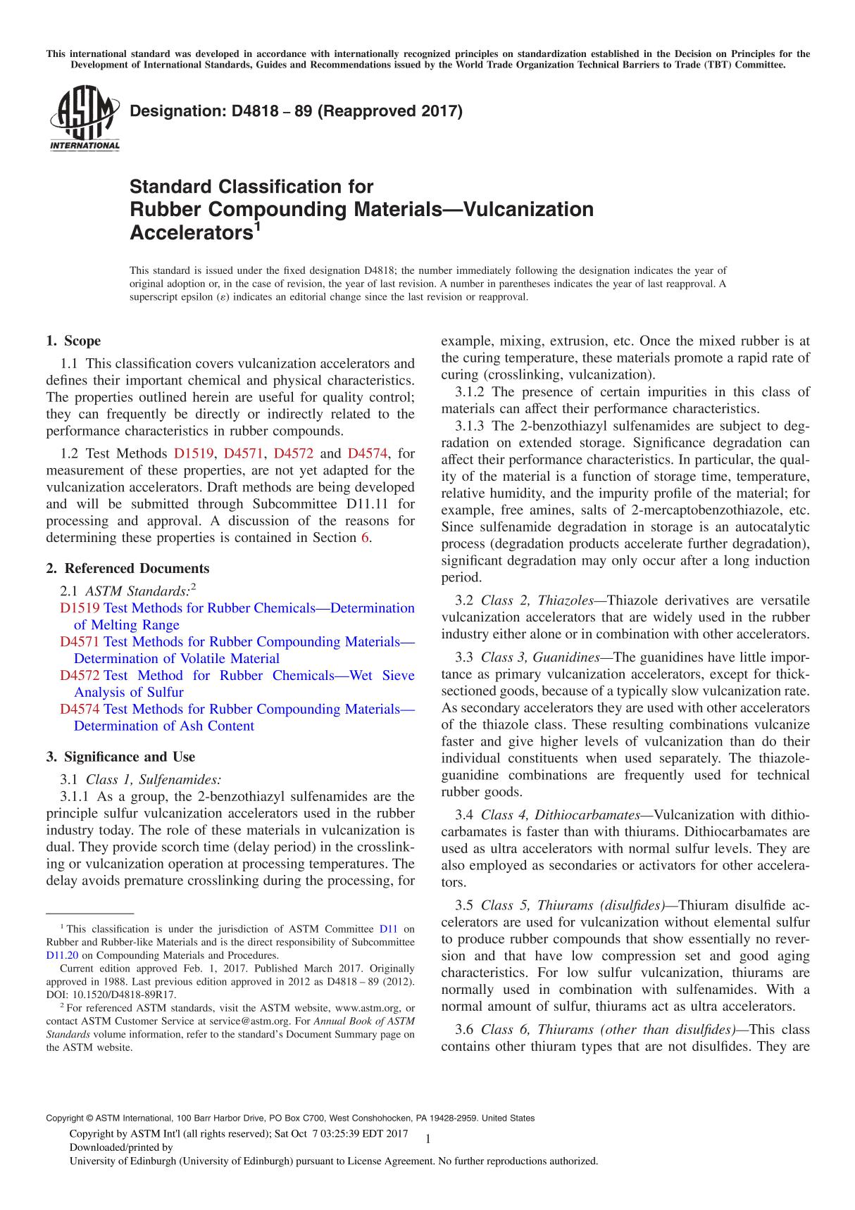 ASTM D4818-89(2017) Standard Classification for Rubber Compounding MaterialsVulcanization Accelerator