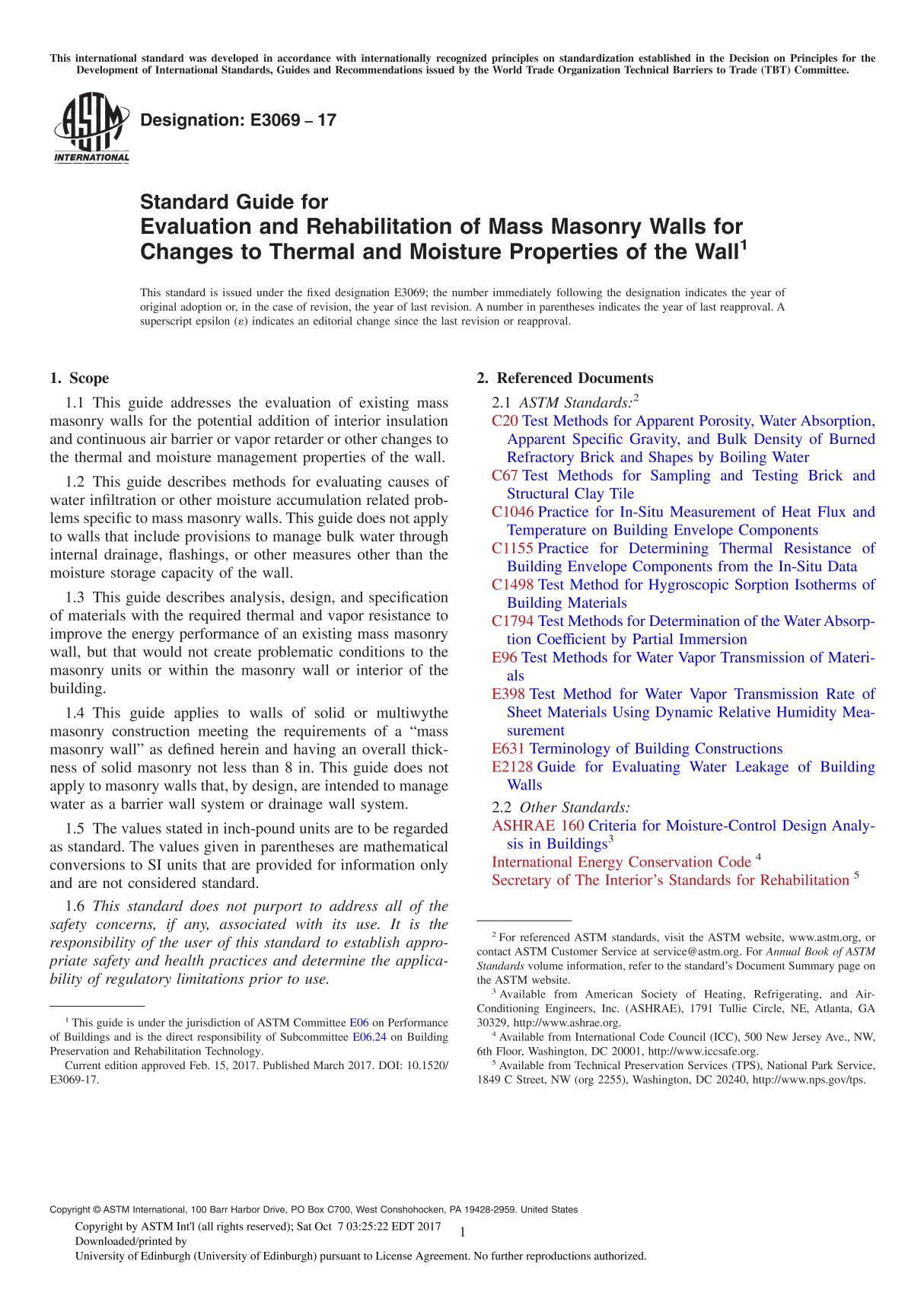 ASTM E3069-17 Standard Guide for Evaluation and Rehabilitation of Mass Masonry Walls for Changes to Thermal and Moisture Propert