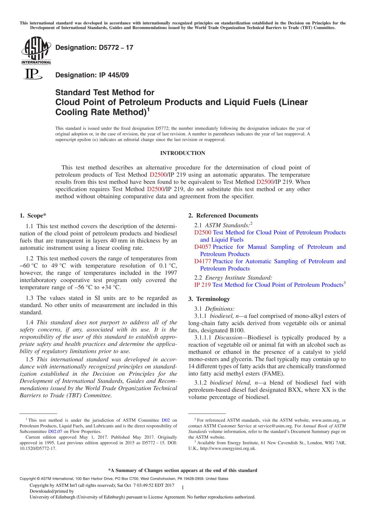 ASTM D5772-17 Standard Test Method for Cloud Point of Petroleum Products and Liquid Fuels (Linear Cooling Rate Method)