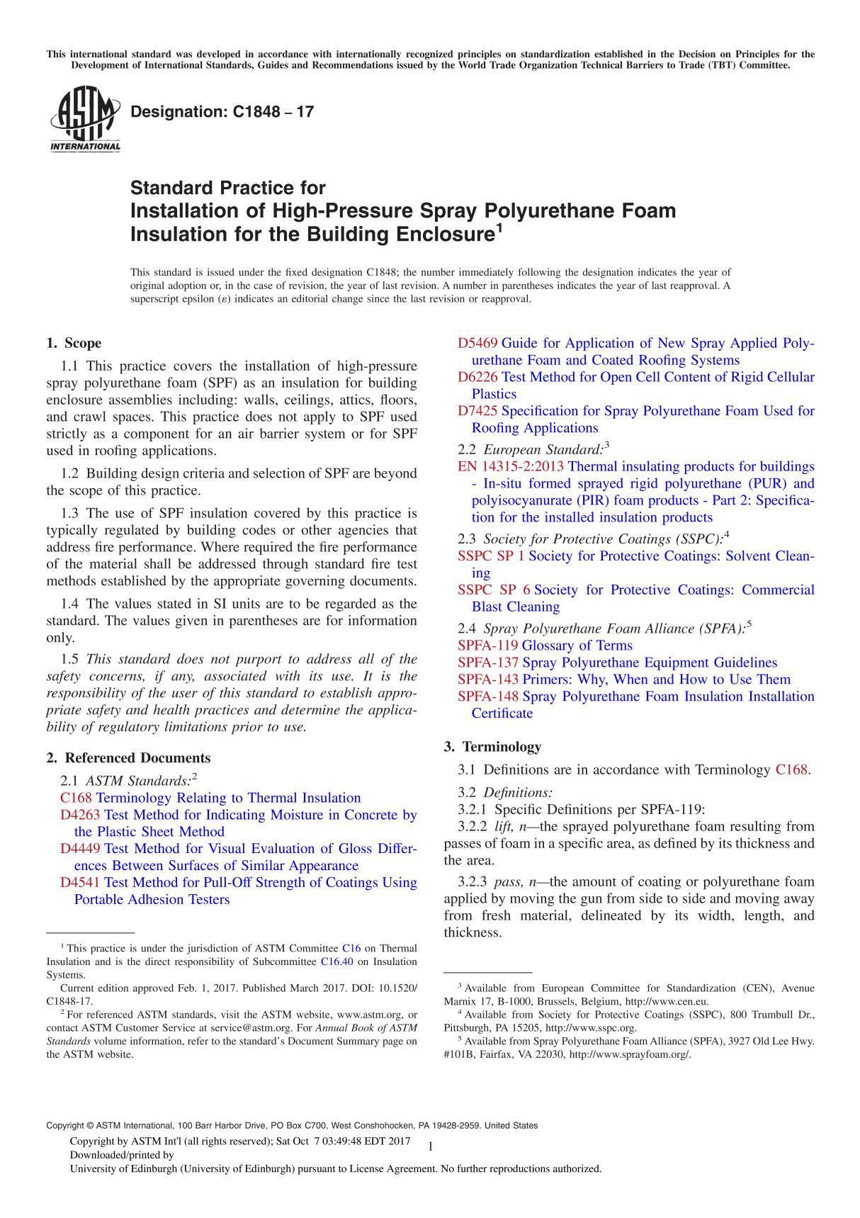 ASTM C1848-17 Standard Practice for Installation of High-Pressure Spray Polyurethane Foam Insulation for the Building Enclosure