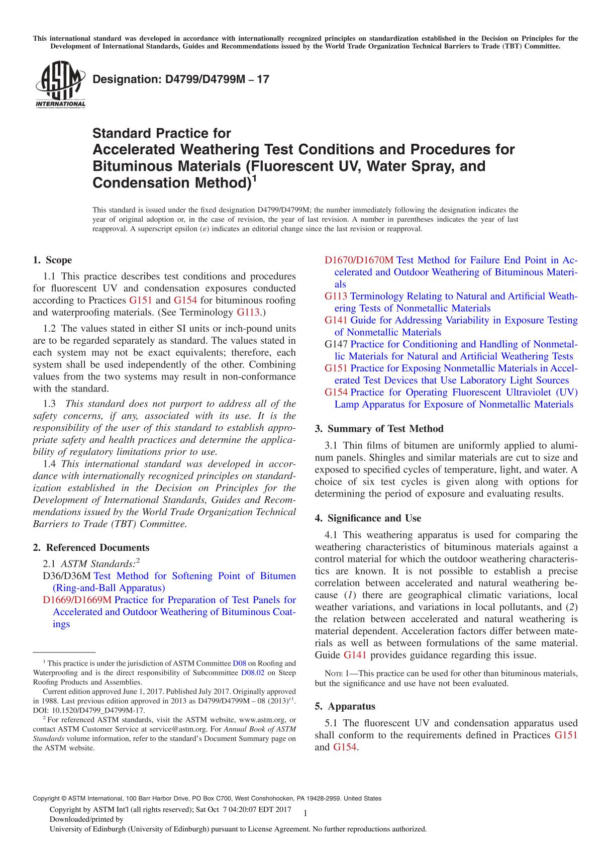 ASTM D4799D4799M-17 Standard Practice for Accelerated Weathering Test Conditions and Procedures for Bituminous Materials (Fluore