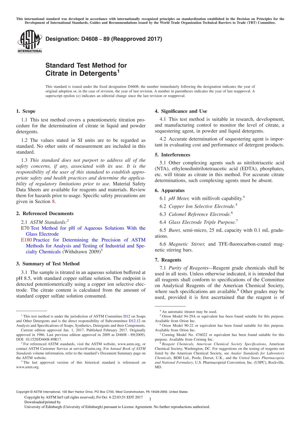 ASTM D4608-89(2017) Standard Test Method for Citrate in Detergent