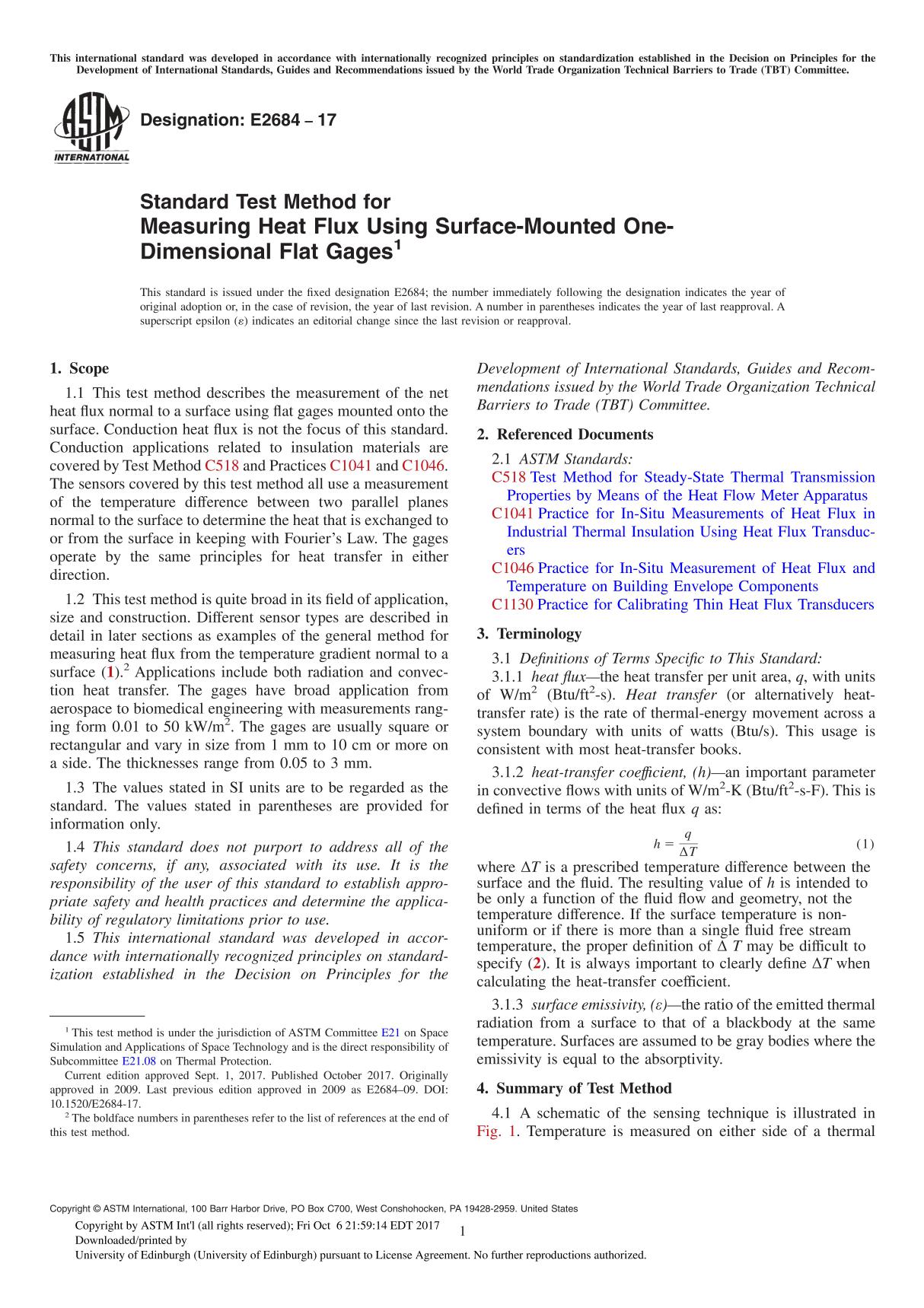 ASTM E2684-17 Standard Test Method for Measuring Heat Flux Using Surface-Mounted One-Dimensional Flat Gage