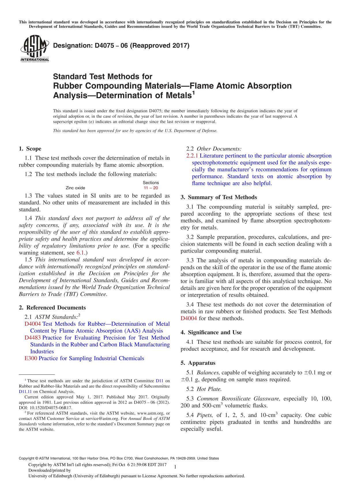 ASTM D4075-06(2017) Standard Test Methods for Rubber Compounding MaterialsFlame Atomic Absorption AnalysisDetermination of M