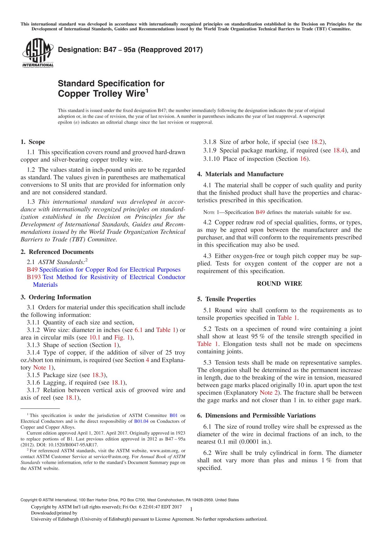 ASTM B47-95a(2017) Standard Specification for Copper Trolley Wire