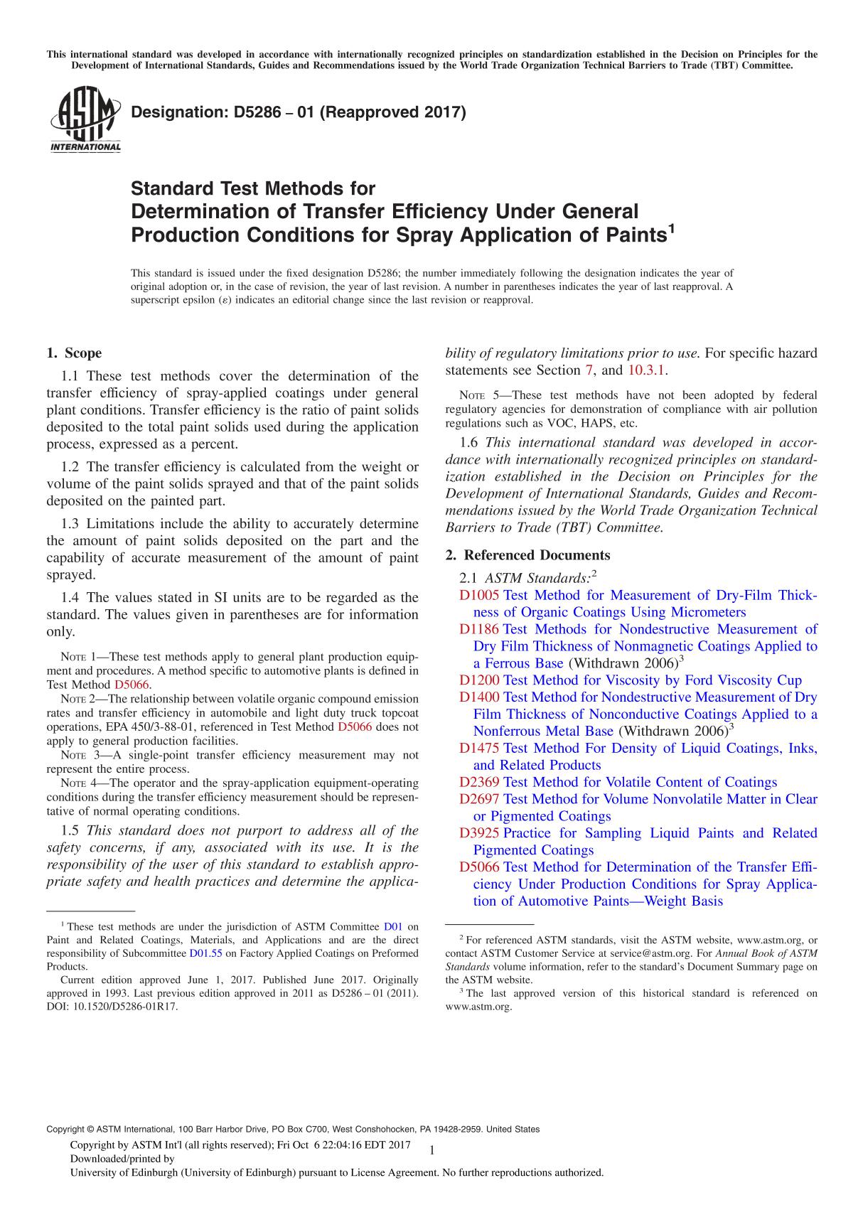 ASTM D5286-01(2017) Standard Test Methods for Determination of Transfer Efficiency Under General Production Conditions for Spray