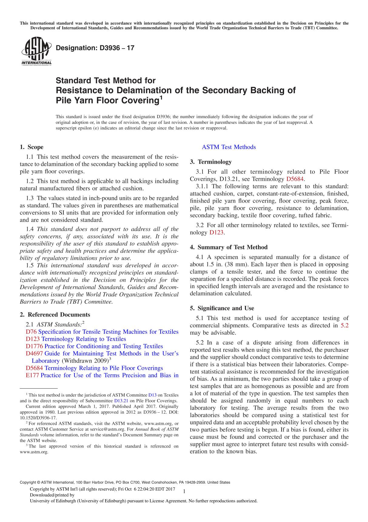 ASTM D3936-17 Standard Test Method for Resistance to Delamination of the Secondary Backing of Pile Yarn Floor Covering