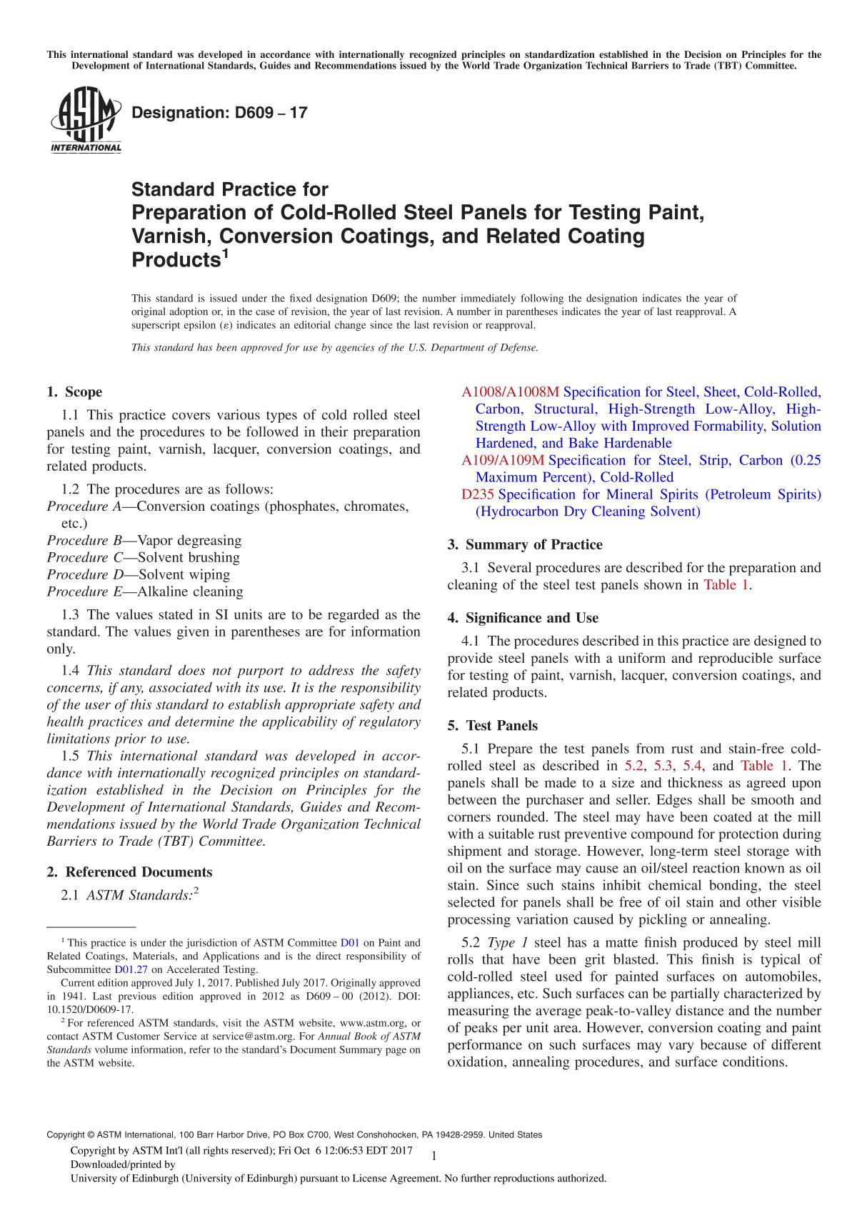 ASTM D609-17 Standard Practice for Preparation of Cold-Rolled Steel Panels for Testing Paint, Varnish, Conversion Coatings, and