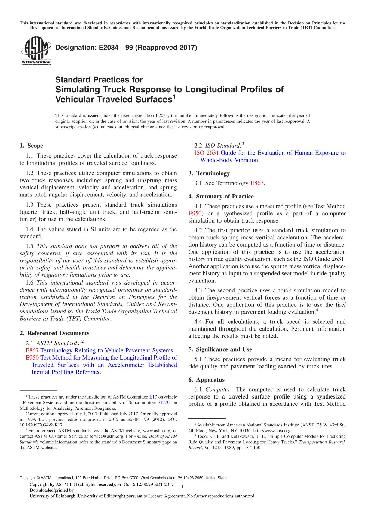 ASTM E2034-99(2017) Standard Practices for Simulating Truck Response to Longitudinal Profiles of Vehicular Traveled Surface