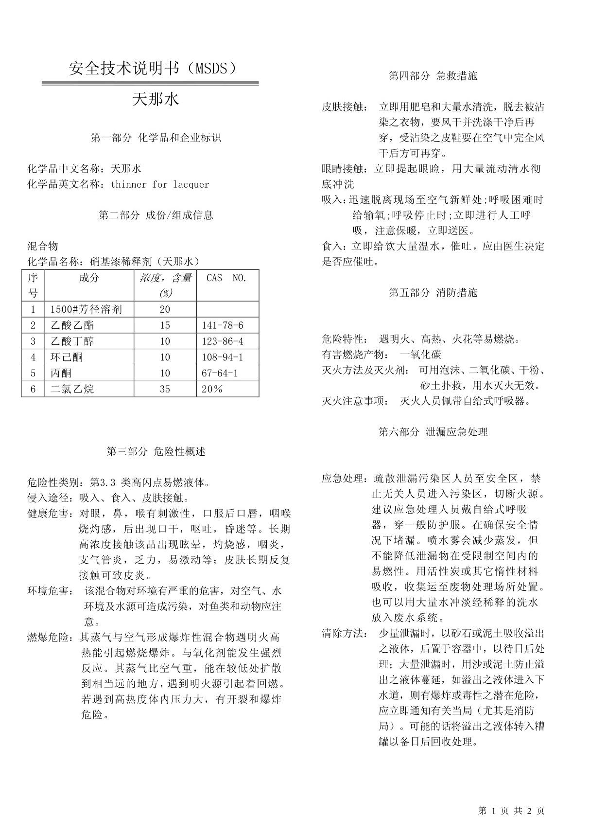 天那水安全技术说明书