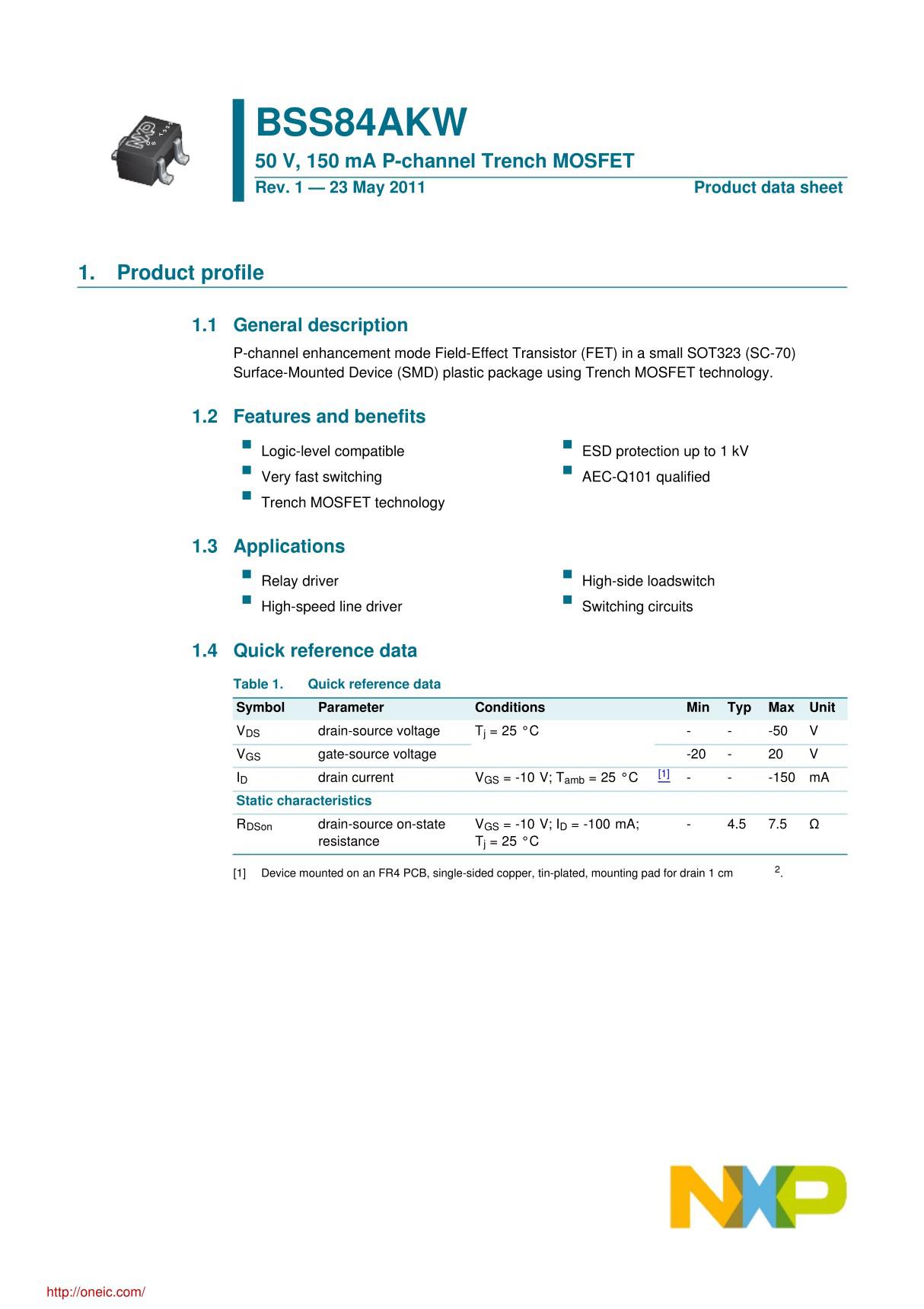 BSS84AKW,115;中文规格书,Datasheet资料