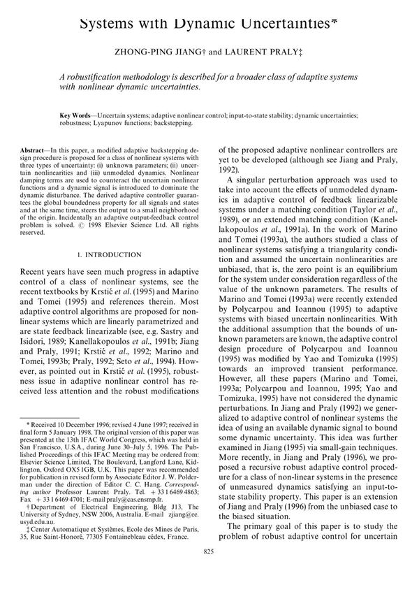 Design of Robust Adaptive Controllers for Nonlinear Systems with Dynamic Uncertainties