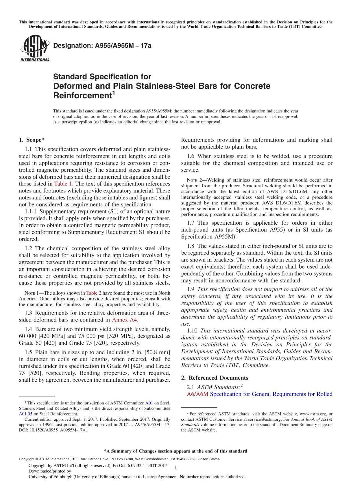 ASTM A955 A955M-17a Standard Specification for Deformed and Plain Stainless-Steel Bars for Concrete Reinforcement