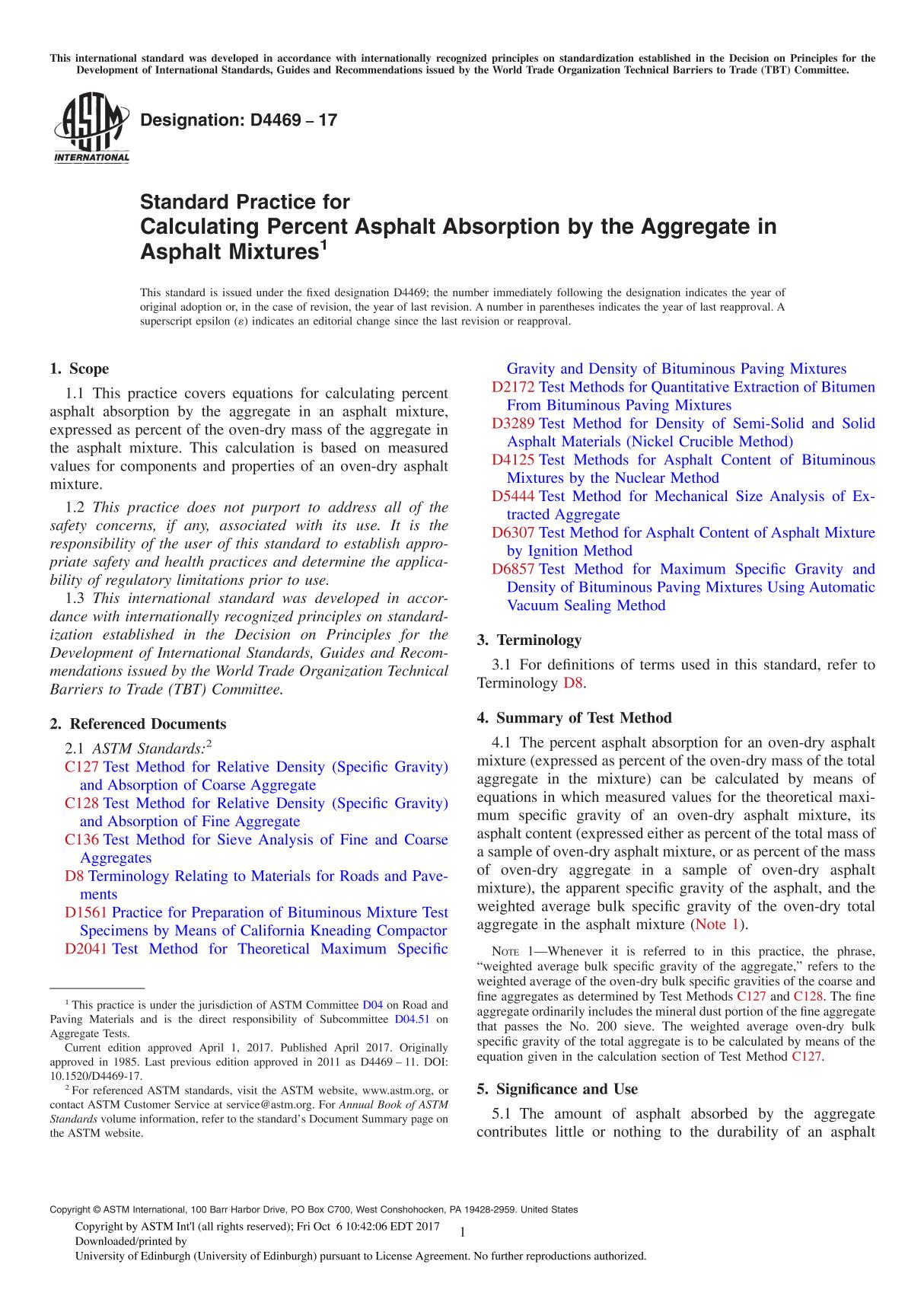 ASTM D4469-17 Standard Practice for Calculating Percent Asphalt Absorption by the Aggregate in Asphalt Mixture