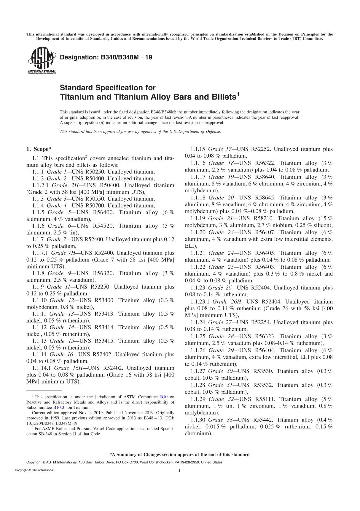 ASTM B348 B348M-2019 Standard Specification for Titanium and Titanium Alloy Bars and Billets