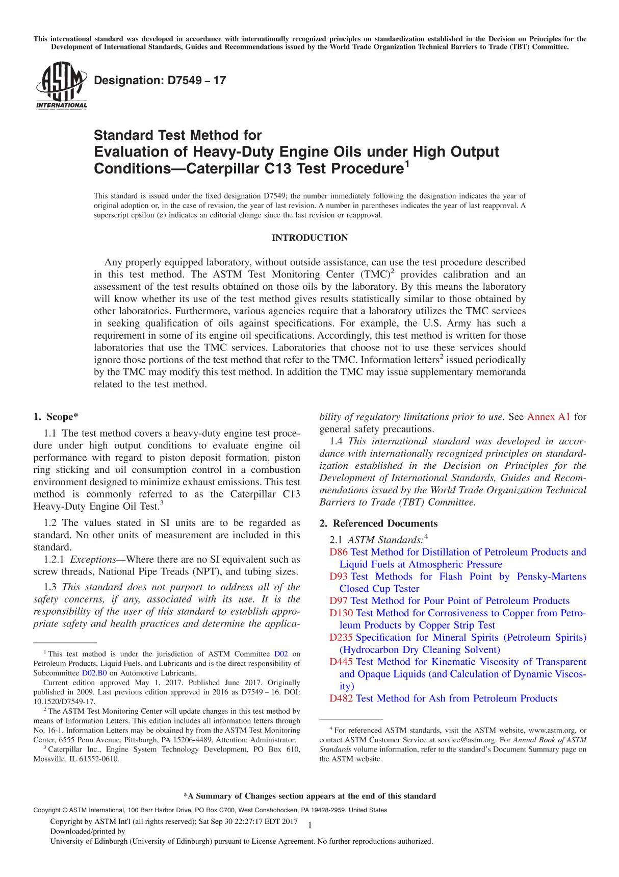 ASTM D7549-17 Standard Test Method for Evaluation of Heavy-Duty Engine Oils under High Output ConditionsCaterpillar C13 Test P