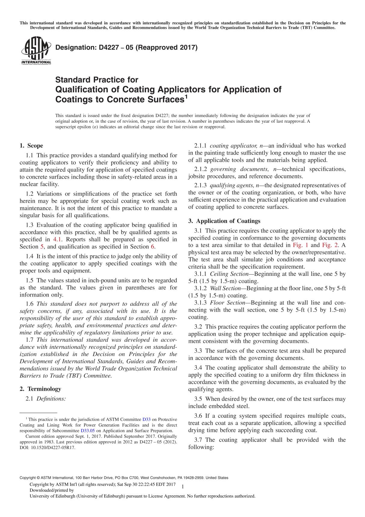 ASTM D4227-05(2017) Standard Practice for Qualification of Coating Applicators for Application of Coatings to Concrete Surface