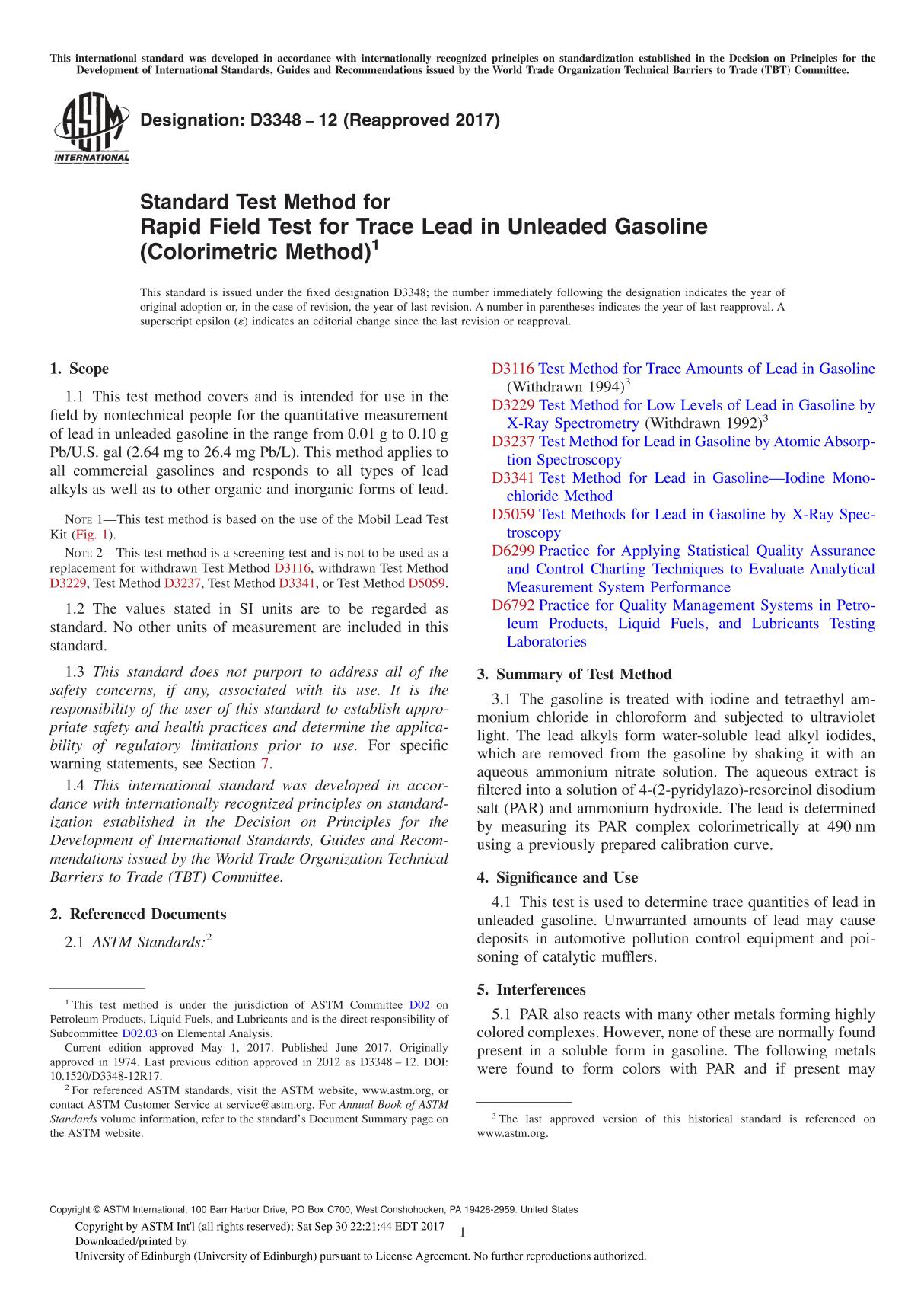 ASTM D3348-12(2017) Standard Test Method for Rapid Field Test for Trace Lead in Unleaded Gasoline (Colorimetric Method)