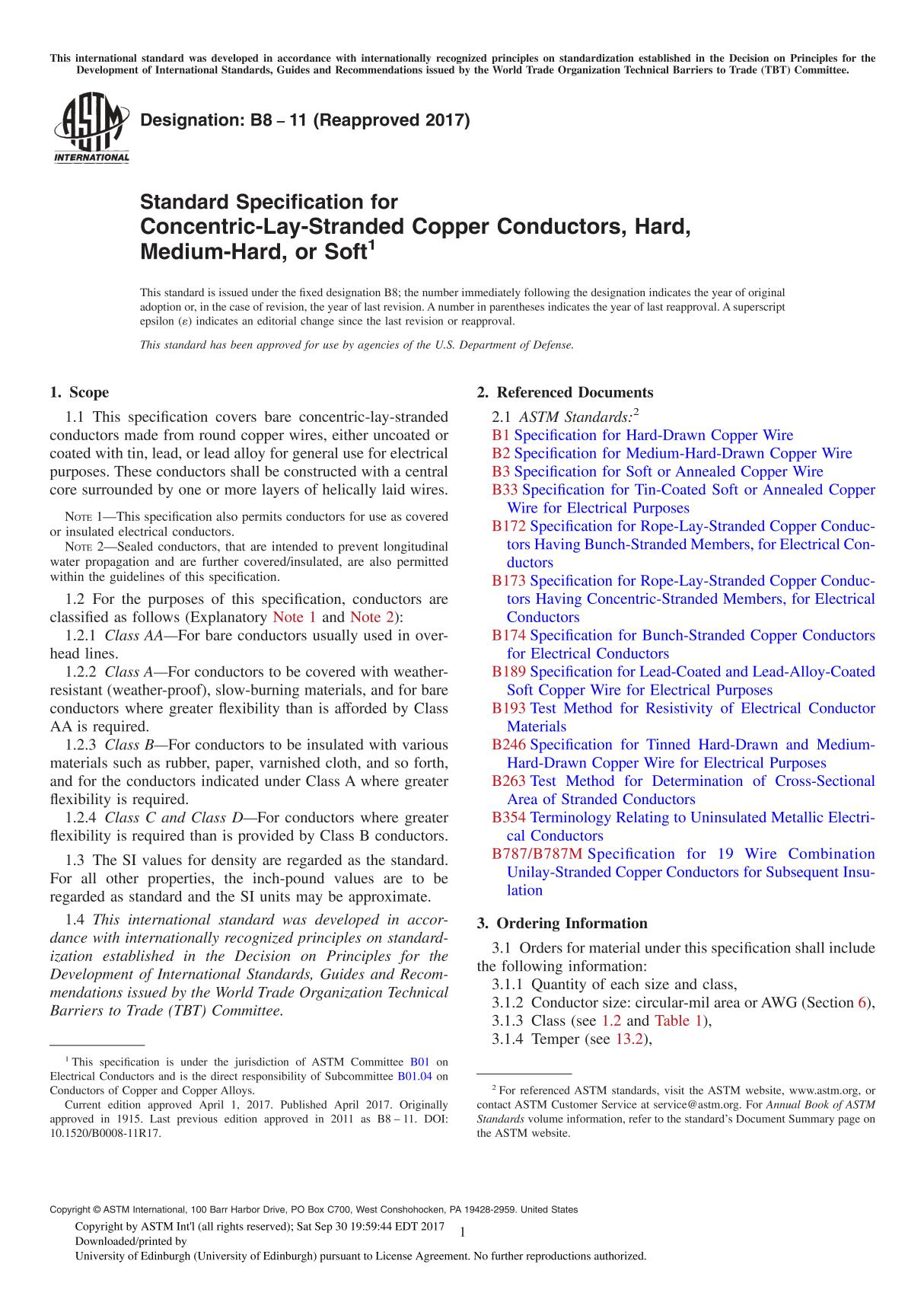 ASTM B8-11(2017) Standard Specification for Concentric-Lay-Stranded Copper Conductors, Hard, Medium-Hard, or Soft