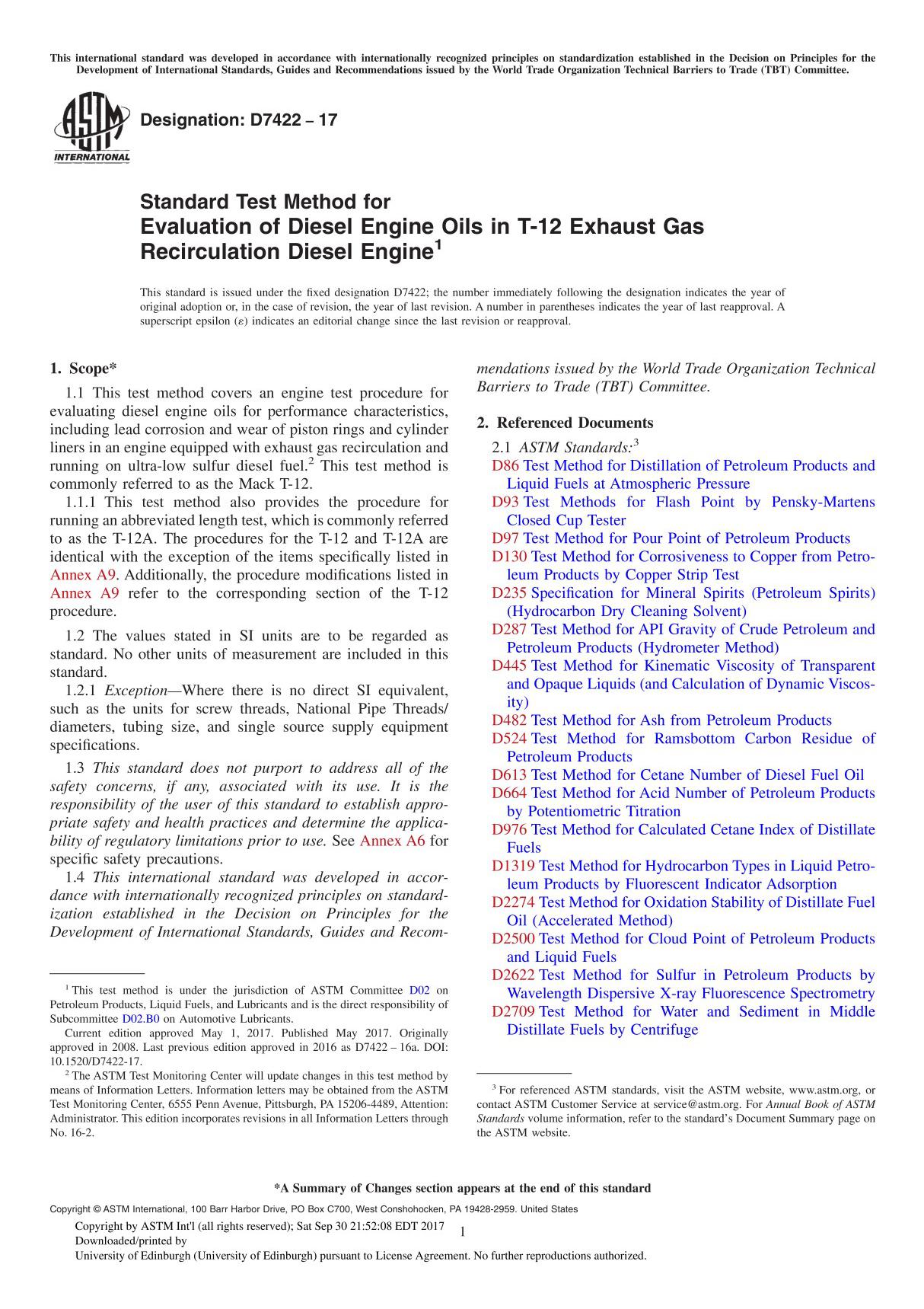 ASTM D7422-17 Standard Test Method for Evaluation of Diesel Engine Oils in T-12 Exhaust Gas Recirculation Diesel Engine