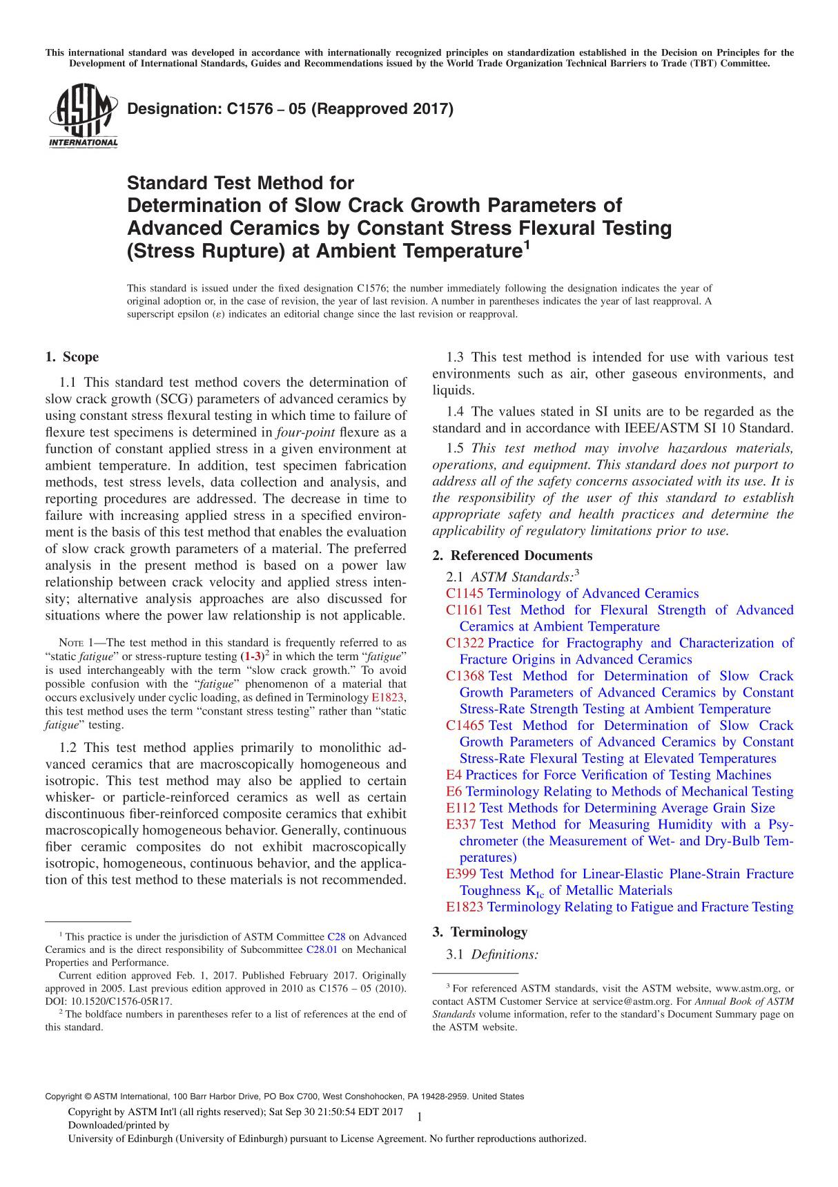 ASTM C1576-05(2017) Standard Test Method for Determination of Slow Crack Growth Parameters of Advanced Ceramics by Constant Stre