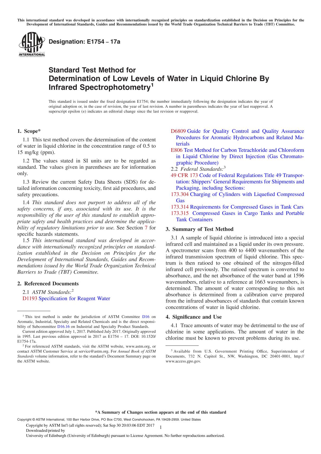 ASTM E1754-17a Standard Test Method for Determination of Low Levels of Water in Liquid Chlorine By Infrared Spectrophotometry