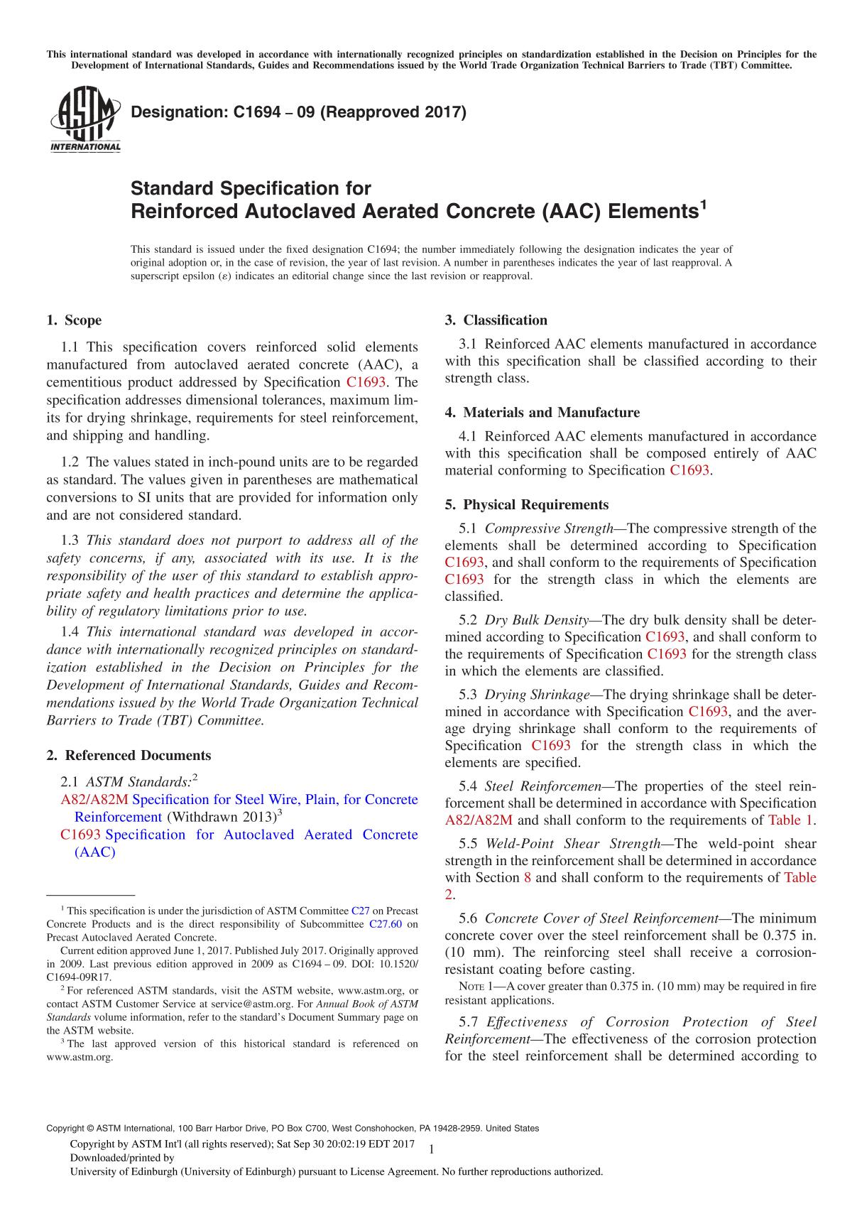 ASTM C1694-09(2017) Standard Specification for Reinforced Autoclaved Aerated Concrete (AAC) Element